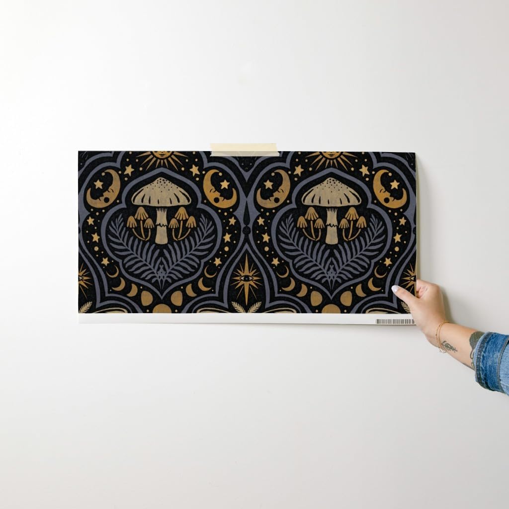 Peel & Stick Wallpaper Swatch - Mushroom Damask Dark Witchy Gothic Moon Phase Celestial Mystical Bat Luna Moth Black Blue Large Custom Removable Wallpaper by Spoonflower