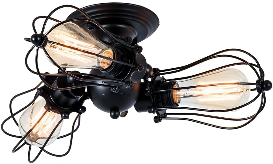 Vintage Ceiling Lights Adjustable Socket Industrial Chandeliers Metal Wire Cage Lamp Semi-Flush Mount Rustic Ceiling Indoor Home Retro Lighting Fixture 3-Light(Bulbs Not Included) (Modern Black)