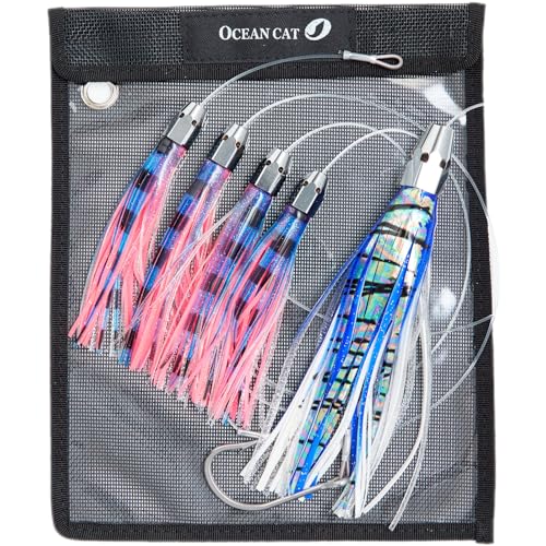OCEAN CAT Trolling Lures Saltwater Offshore Fishing Lures Jet Head Daisy Chain Fishing Teaser Double Skirted with Rigged Hook 9/0 for Mahi, Tuna, Wahoo and More
