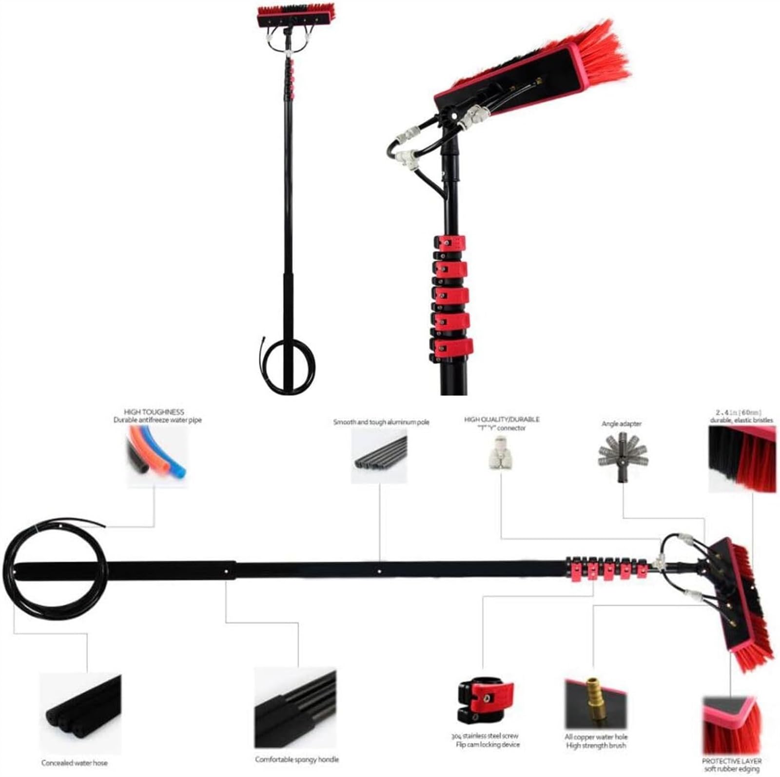 Kit de pértiga de 7,3 m (24 pies) con Suministro de Agua para Limpieza de Ventanas, Cepillo Giratorio de 180°, Lavadora telescópica para Exteriores de vidrios y Paneles solares, Equipo de li