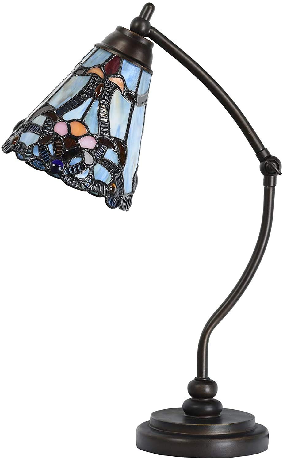 Bieye L30688 Lampada da tavolo in vetro colorato in stile Tiffany con base a braccio girevole per la lettura e la decorazione della casa (blu barocco)