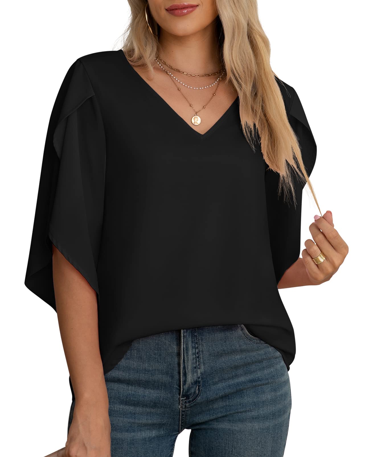 Yommay Damen Bluse Elegant V Ausschnitt Sommer T-Shirts Casual Leicht Chiffon Tunika Kurzarm Tops