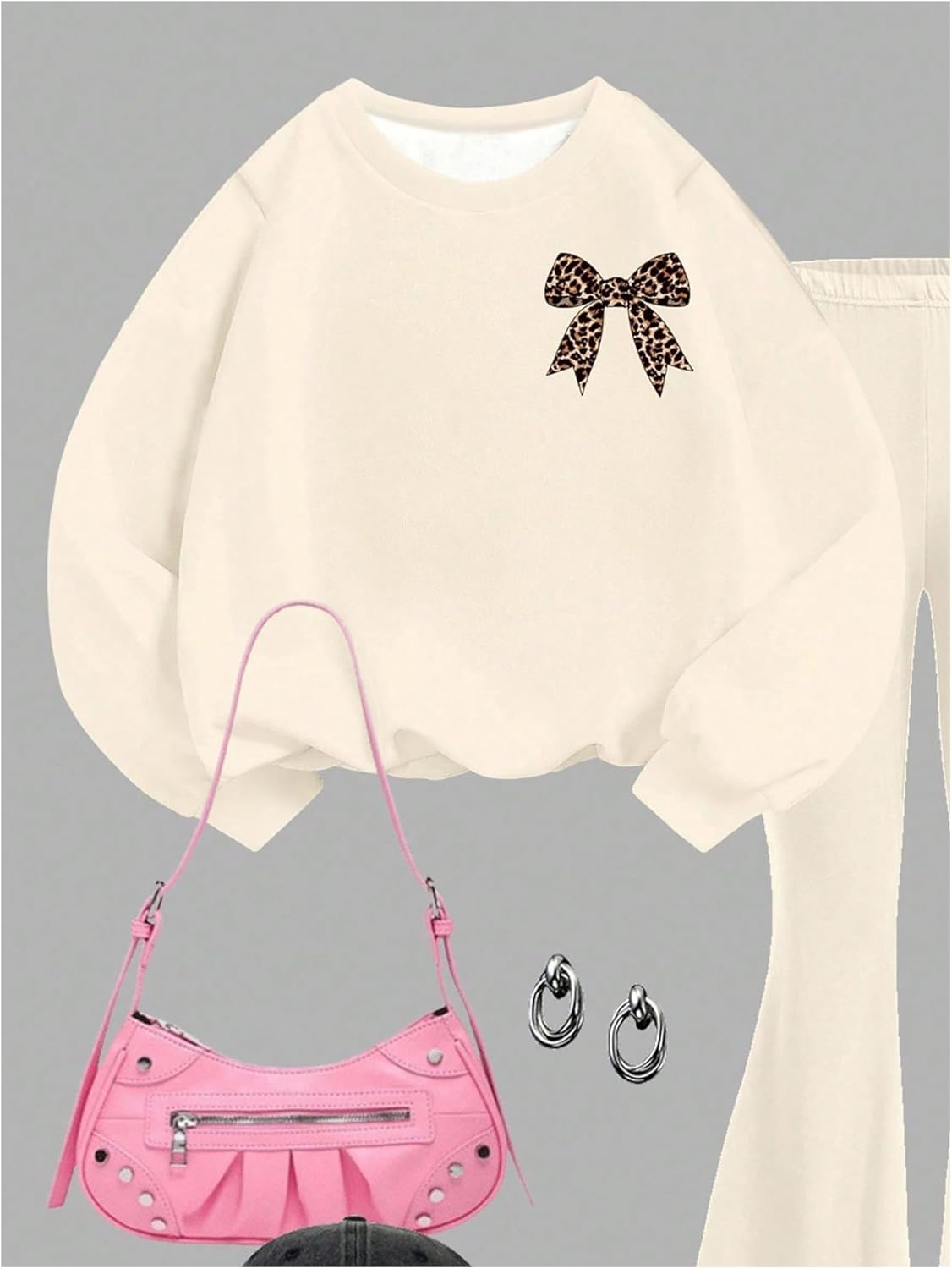 GORGLITTER Girl's 2 Piece Fall Sets Outfits Leopard Bow Long Sleeve Sweatshirt and Flare Wide Leg Sweat Pant Baggy Set - Image 3