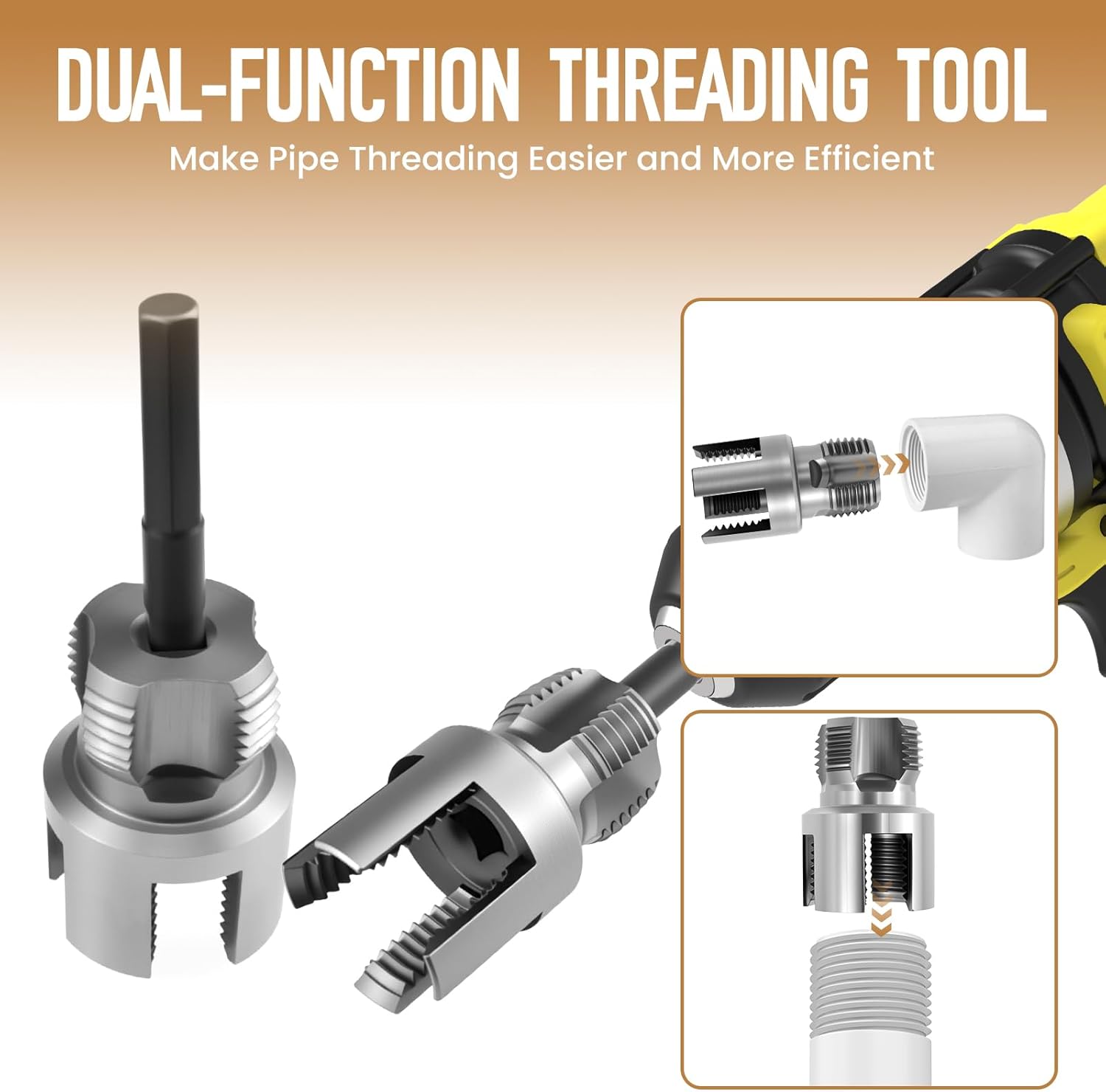 2Pcs 1/2" & 3/4" Thread Cutting Tool | Carbon Steel Internal & External Thread Cutting Tool with Seal Tape & Gloves | Electric Drill Compatible | For PVC Pipe DIY Repairs