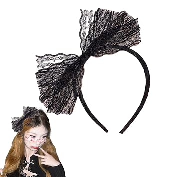Halloween Headband for Women 80s Lace Headbands for Girls French Bow Headband for Cosplay Party Hairband for Long Curly Hair Accessories for Styling Headband Bow Hair Hoops