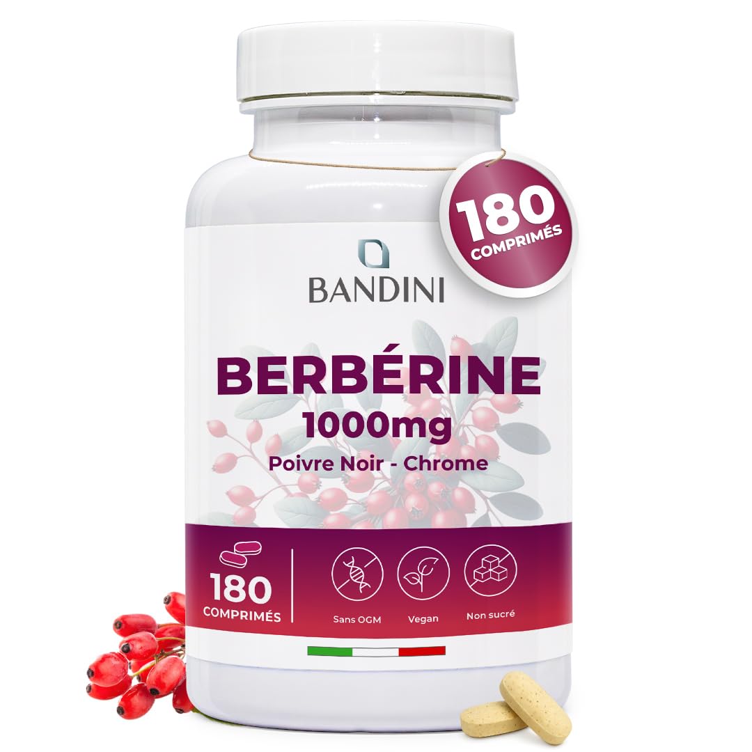 Bandini® Berberine 1000mg pure haut dosage | 180 comprimés de Berberin HCl | Berberis Aristata 97% + Chromium et Poivre noir | Absorption maximale | Fonction digestive, hépatique, intestinale