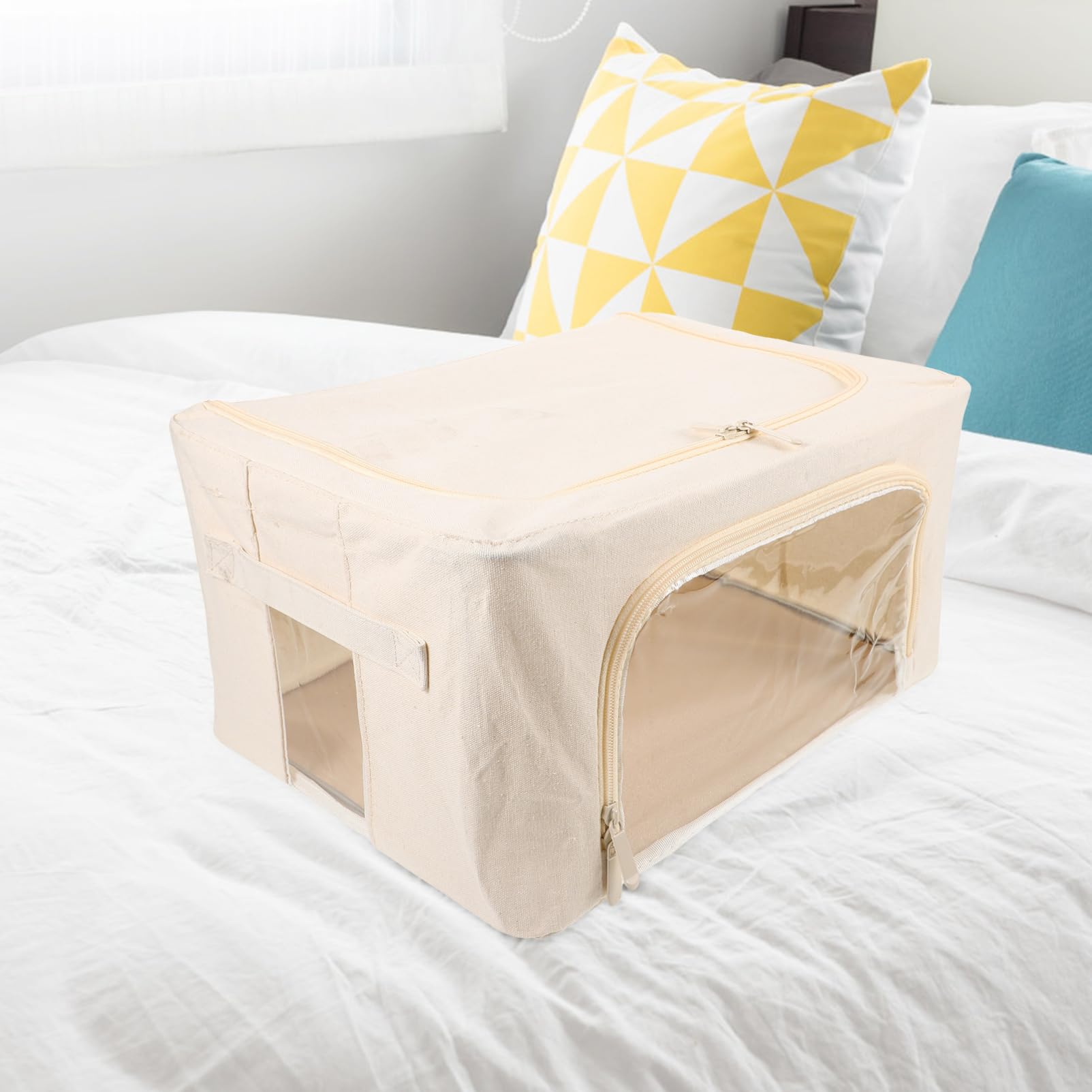 Contenitore per Trapunte Pieghevole Finestra Trasparente Beige | Tela Poliestere-cotone Telaio in Acciaio, Capienza Grande 22l, per Coperte e Giocattoli