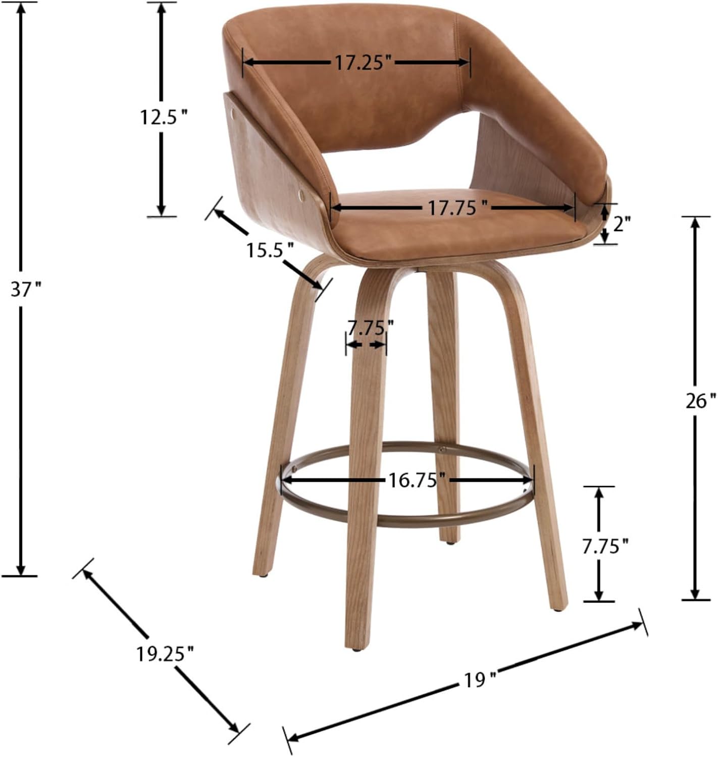 LukeAlon 26 Inch Swivel Counter Height Bar Stools Set of 4, Modern PU Leather Barstools with Curved Back and Bent Wooden Legs, Dining Stools with Footrest for Dining Room Pub Kitchen Island, Brown