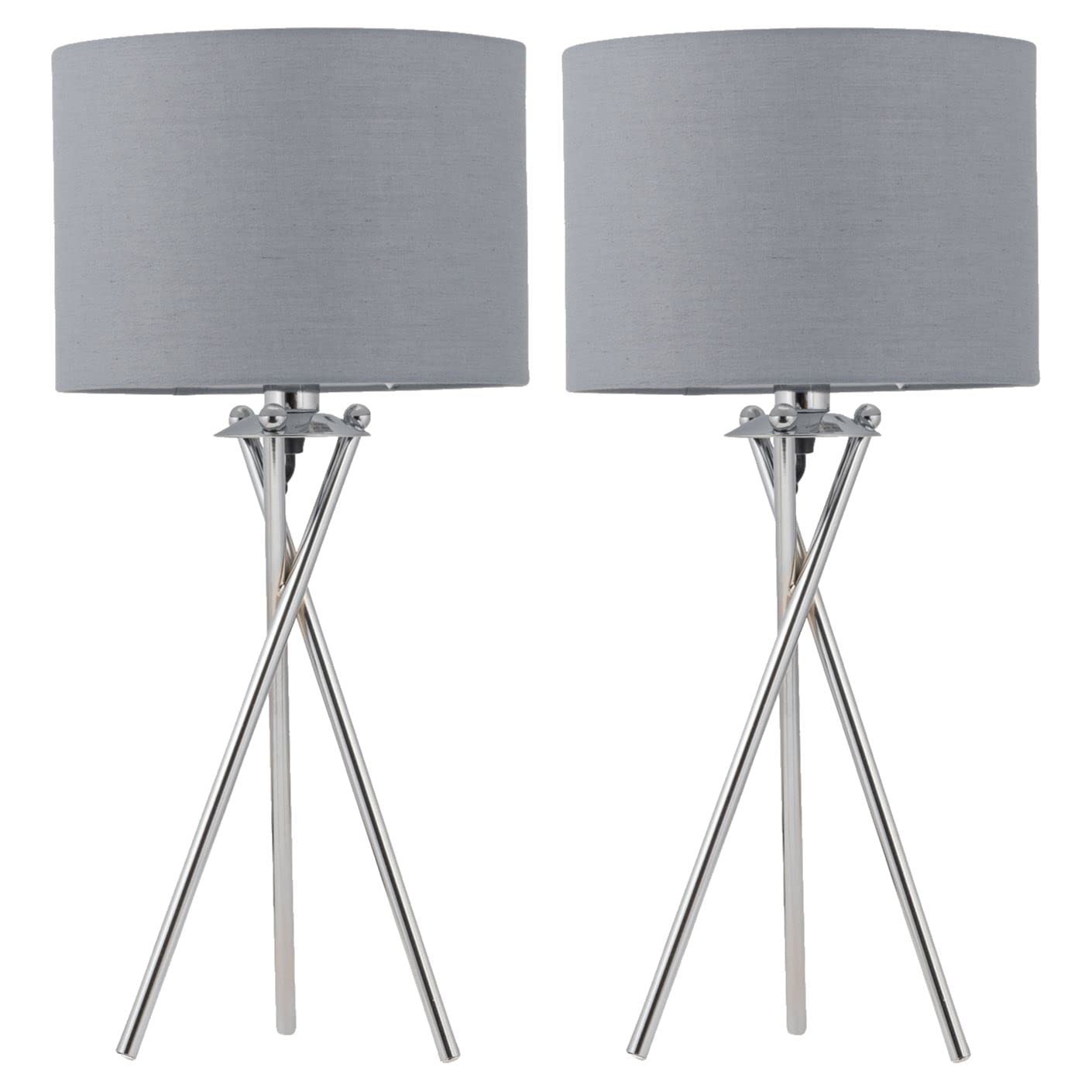 Firstchoicelighting Chrome & Grey Set Of 2 Polished Chrome Tripod Table Lamps Or Bedside Lights, Modern Design, Grey Cotton Fabric Shade, Height 52Cm, Led Compatible