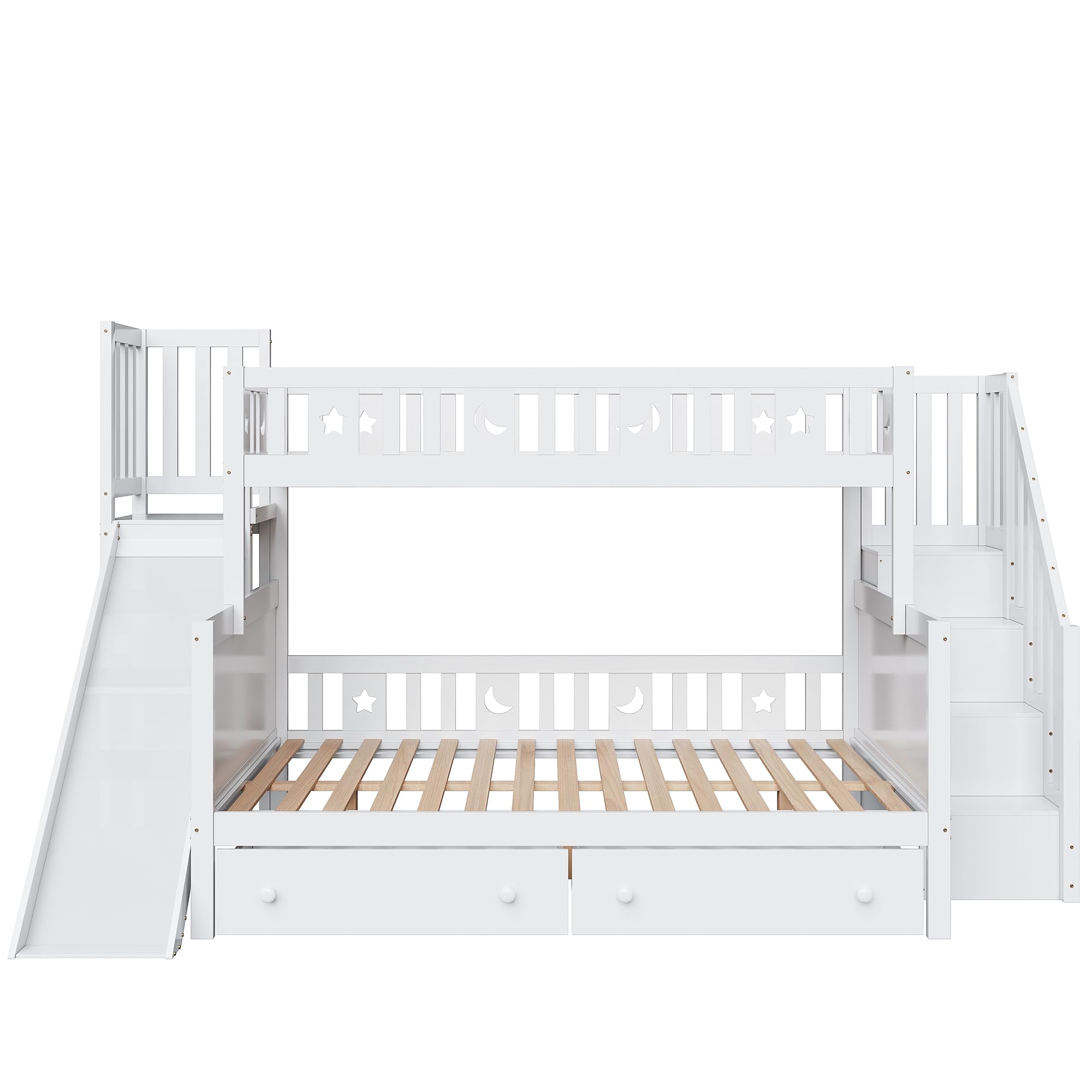 Idemon Cama infantil 90 x 200/140 x 200 cm, litera de madera maciza con tobogán y estante con niveles de seguridad, dos cajones grandes y somier, color blanco, LDB00112