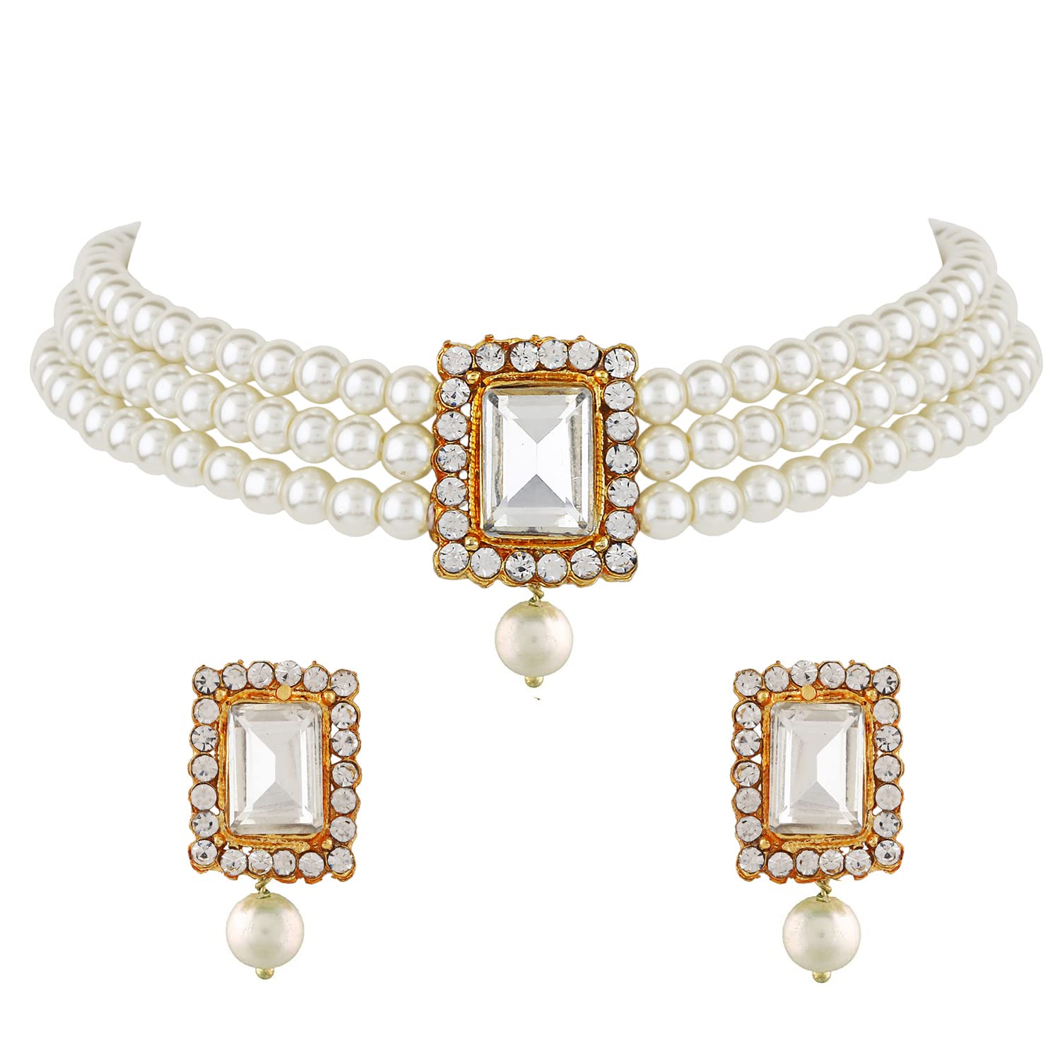 18k Gold Plated Latest Stylish Traditional Pearl Choker Necklace Jewellery Set for Women