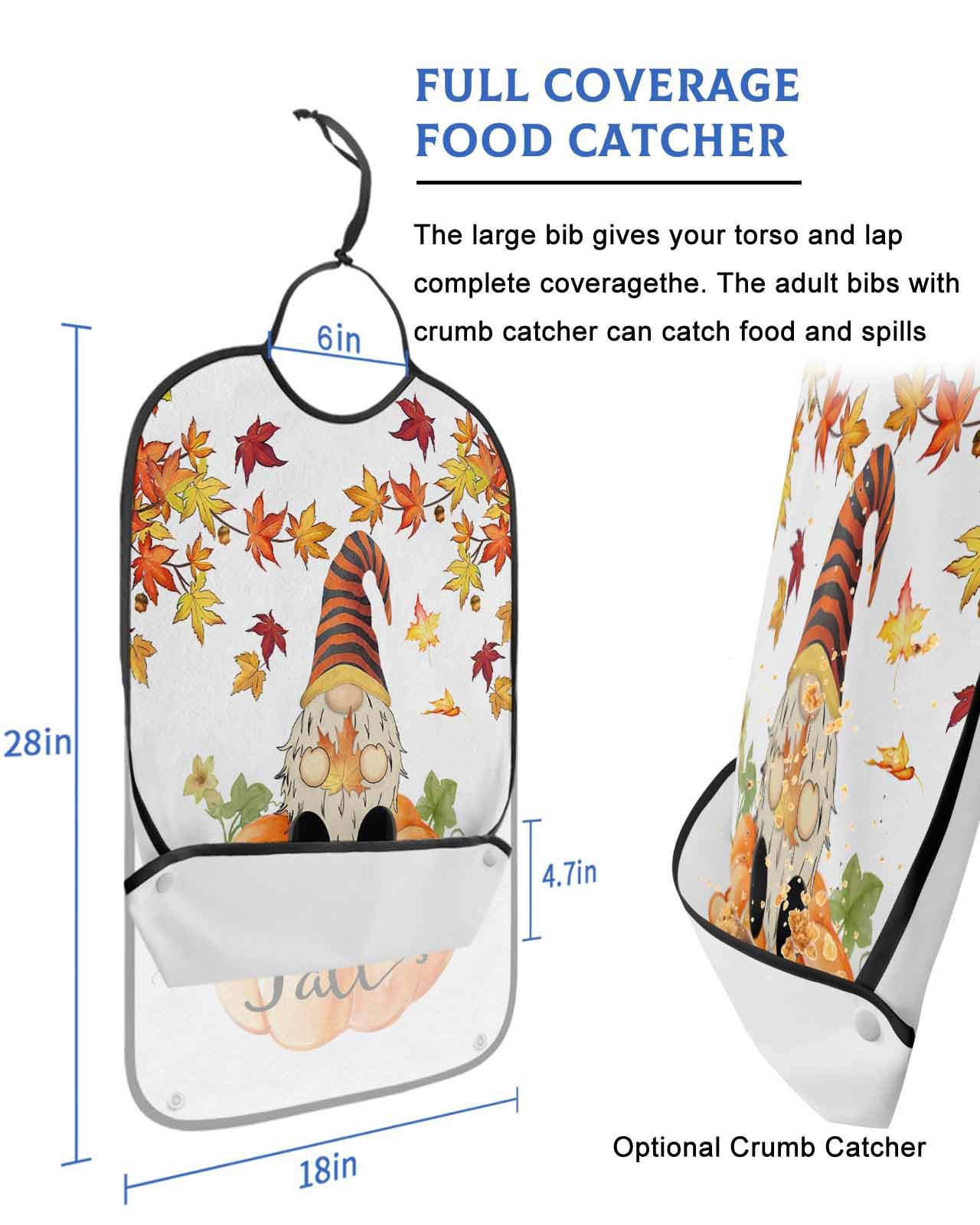 LEOKOTI Pumpkins Gnomes Fall Adult Bibs for Eating, Waterproof Bibs with Food Catcher & Adjustable Snap Closure, Maple Leaf Orange Autumn Washable Clothing Protectors Adult Bibs for Elderly Women/Men