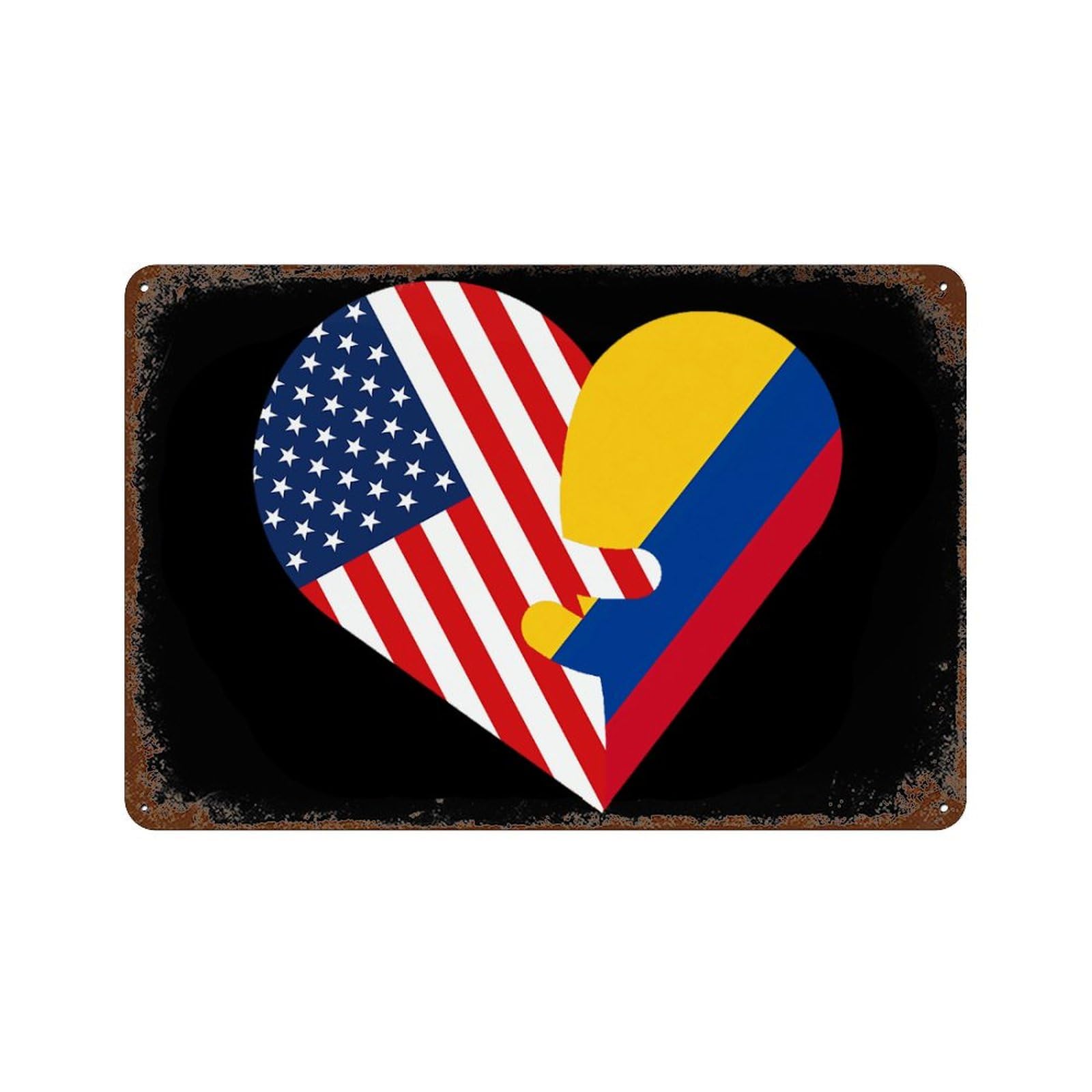 KWQDOZF Hearts America USA And Colombia Flag Theme Metal Tin Sign,Vintage Iron Hanging Plate Horizontal with Rust Poster Wall Decor 8x12inch
