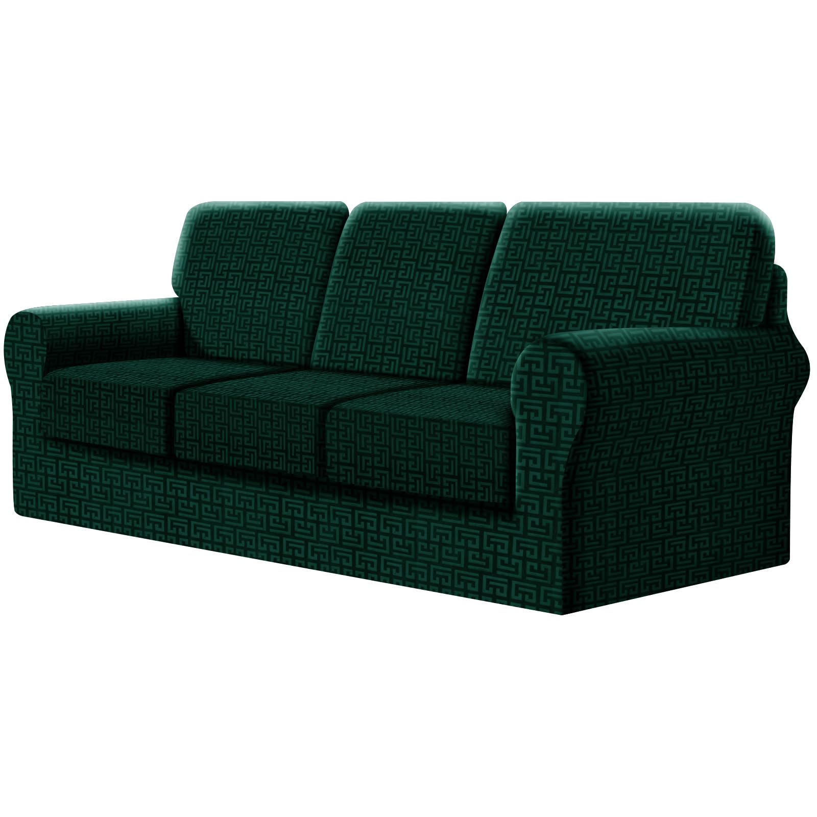 SYLC Fitted Sofa Cover 3 Seater, 7 Piece Sofa Slipcover with 3 Seat Cushion Covers and 3 Backrest Covers, Settee Covers Stretch Velvet Anaglyph(Green,Large Sofa - 7 PCS)