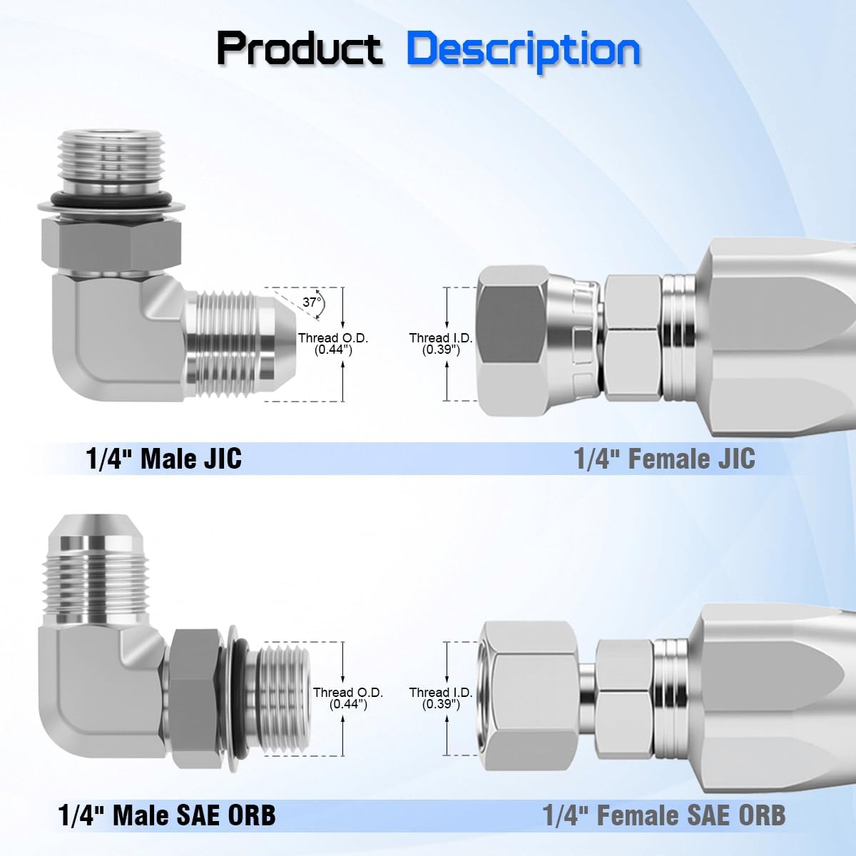1/4" Male JIC 37° x 1/4" Male SAE ORB 90° Elbow Adapter, 6801-04-04 Hydraulic Fitting, SAE J514 & J1926 Standards Carbon Steel Pipe Joints Connector for Hydraulic Systems (2 Pack)