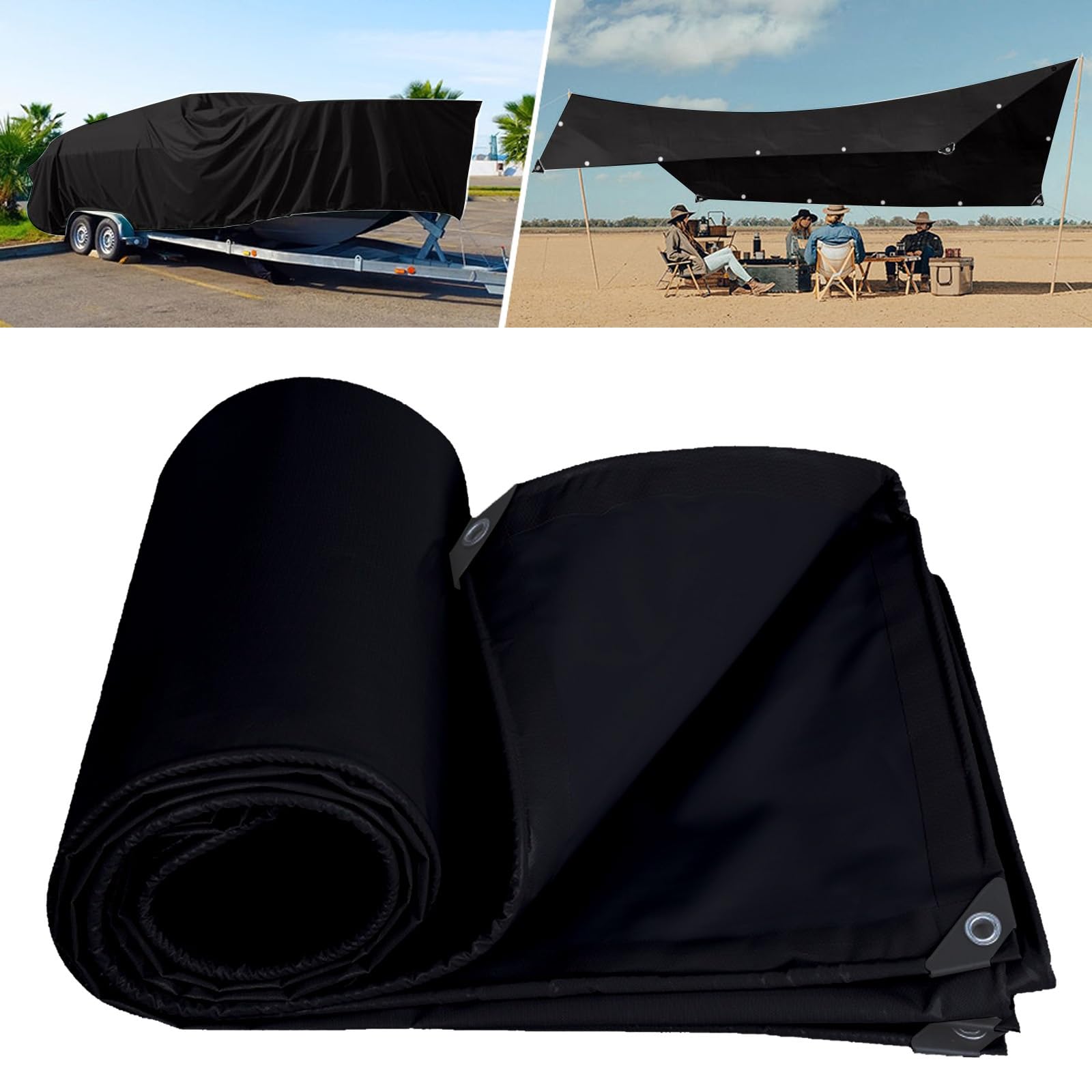 Cubierta de Lona Multiuso 3.5 x 3.6 m 500 G/M², Impermeable y Al Desgarro, con Ojales Lona de Tienda de Campaña para Muebles, Piscina, Jardín, Negro