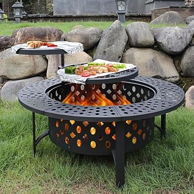 OutVue 36 Inch Fire Pit with 2 Grills, Wood Burning Fire Pits for Outside with Lid, Poker and Round Waterproof Cover, BBQ& Outdoor Firepit & Round Metal Table 3 in 1 for Patio, Picnic, Party