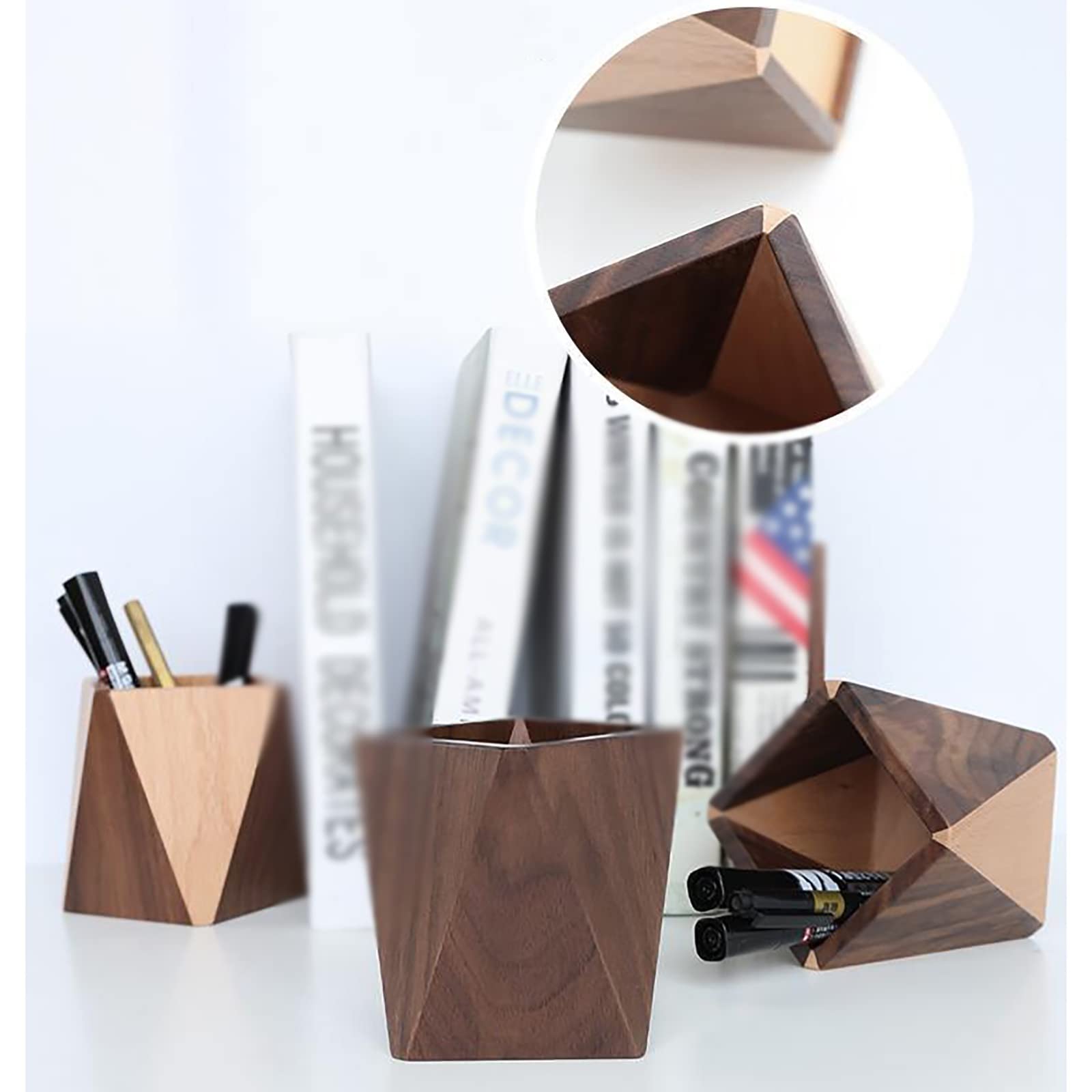 Bleistifttopf aus Holz Office Stiftehalter aus Holz, schwarz, Nussbaumholz, Schreibwaren-Organizer für Homeoffice(Natural)
