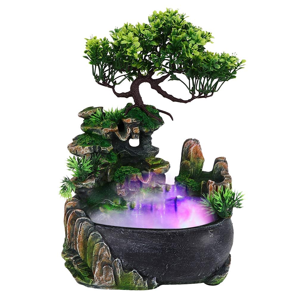 Zimmerbrunnen Tischbrunnen LED Springbrunnen mit Pflanzen Wasserfall Zimmer Brunnen aus Polyresin mit Pumpe Wasserbrunnen Water Fountain für Zimmer Terrarium