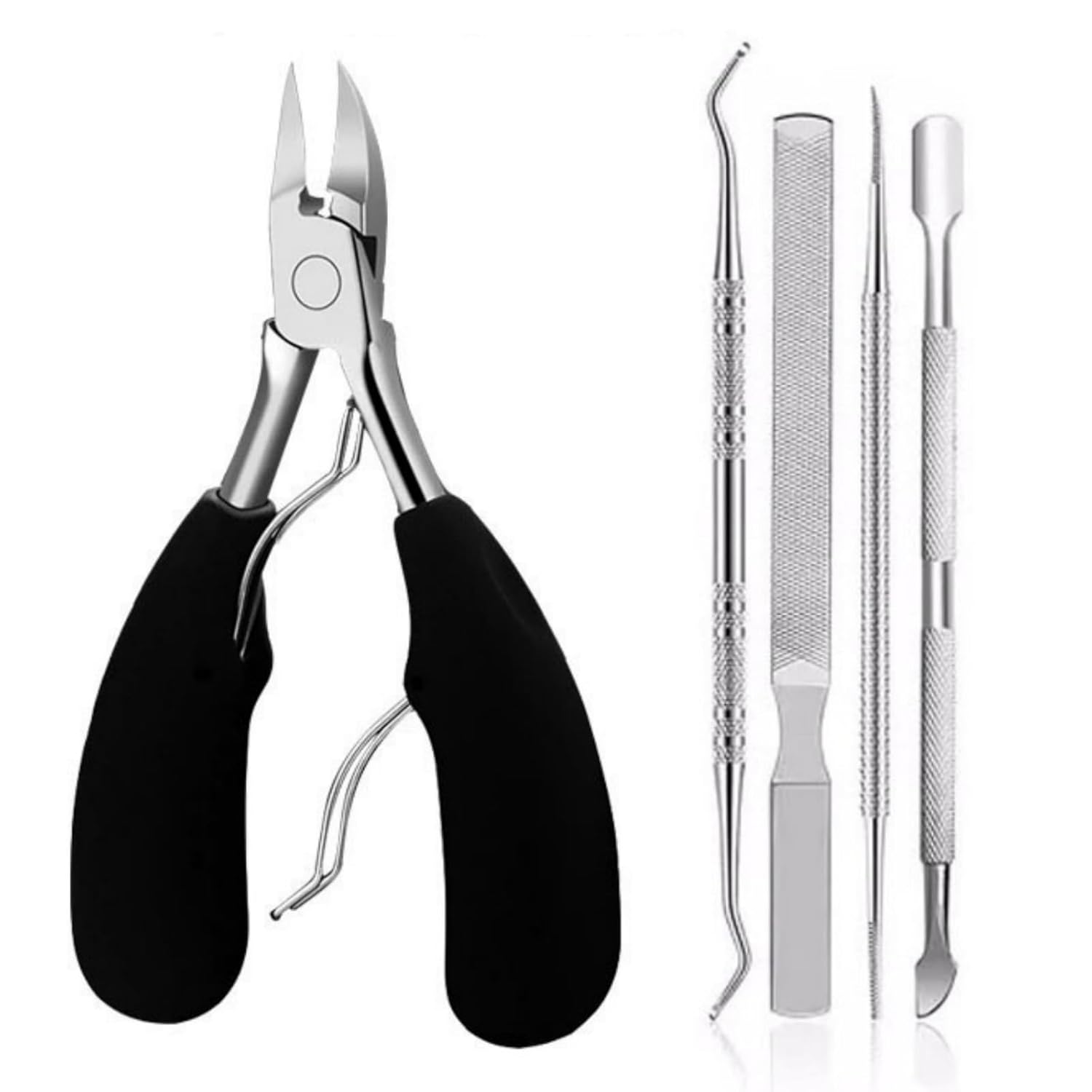 5 Pcs Professional Nail Clipper Set, Ingrown Toenail Clippers Kit with Curved Nail Nipper Cuticle Pusher Nail File Pedicure Tools