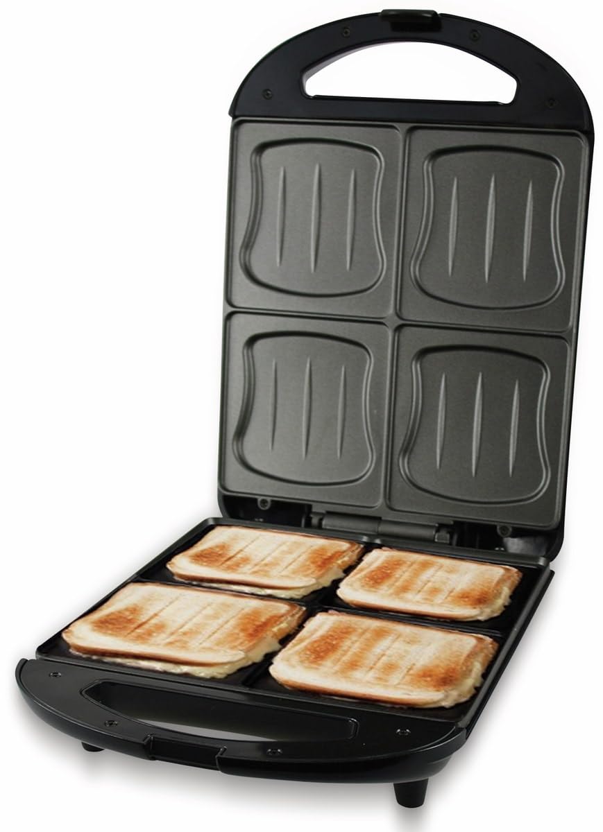 Emerio Sandwich Tostadora XXL Test, adecuada para todos los tamaños de tostadas, 4 moldes grandes de concha para toda la familia, queso no gotea, sin BPA, 1300 W, 4 unidades