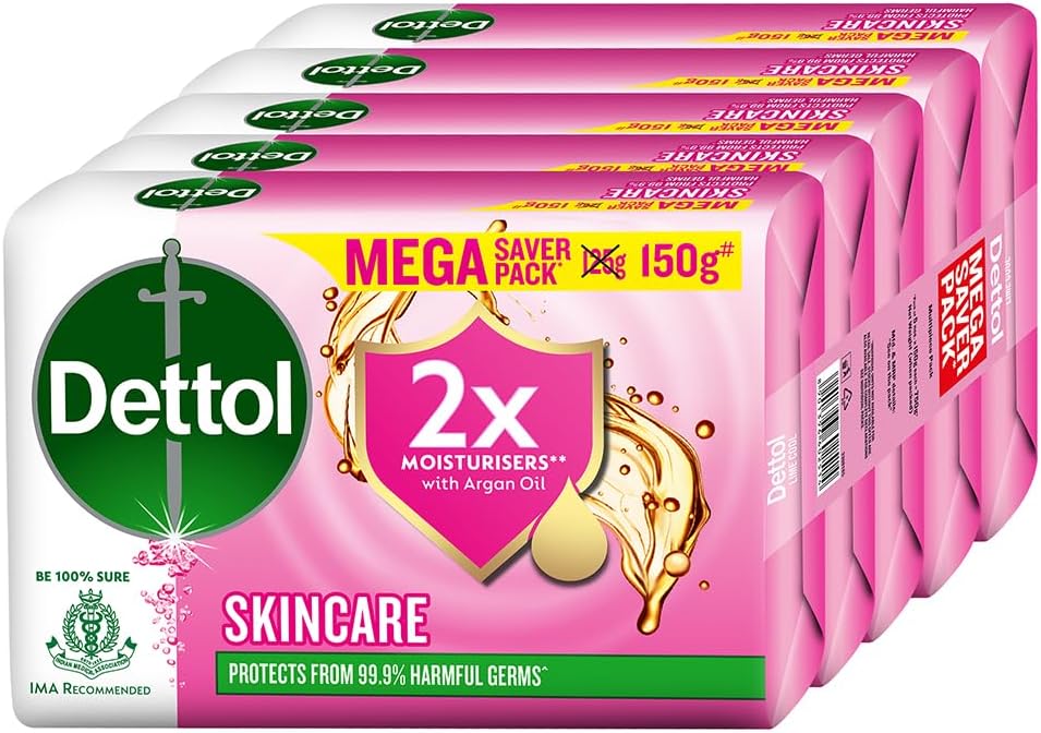 Dettol Skincare Moisturizing Beauty Bathing Soap Bar with Argan Oil (750gm) | Softer Skin, Floral Scent, 150gm, Pack of 5 (3308668)