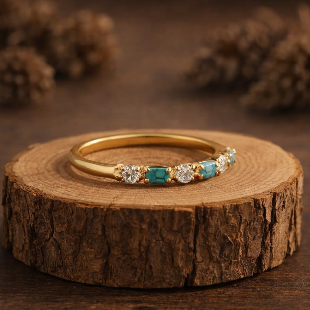14K Gold Turquoise Diamond Stacking Ring for Women Dainty Blue Gemstone Wedding Band Minimalist Half Eternity Anniversary Jewelry Gift for Her