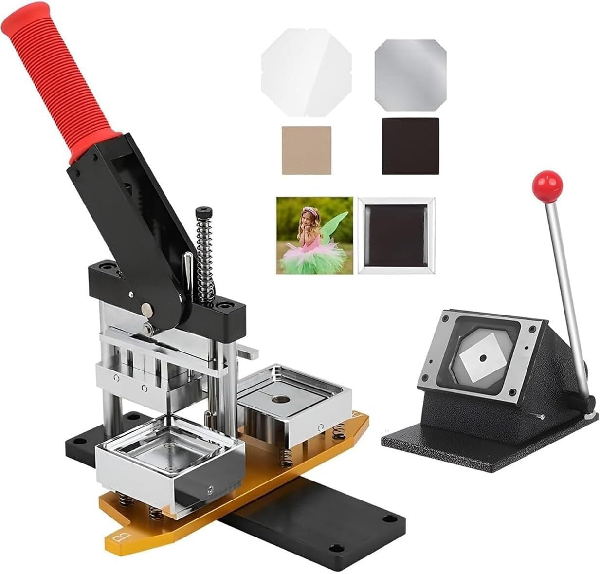 Button Maker Machine, 50 * 50mm Square Fridge Magnet Button Badge Making + Paper Cutter + 100pcs Consumables DIY Metal Badge Press Kit, for Badge Making