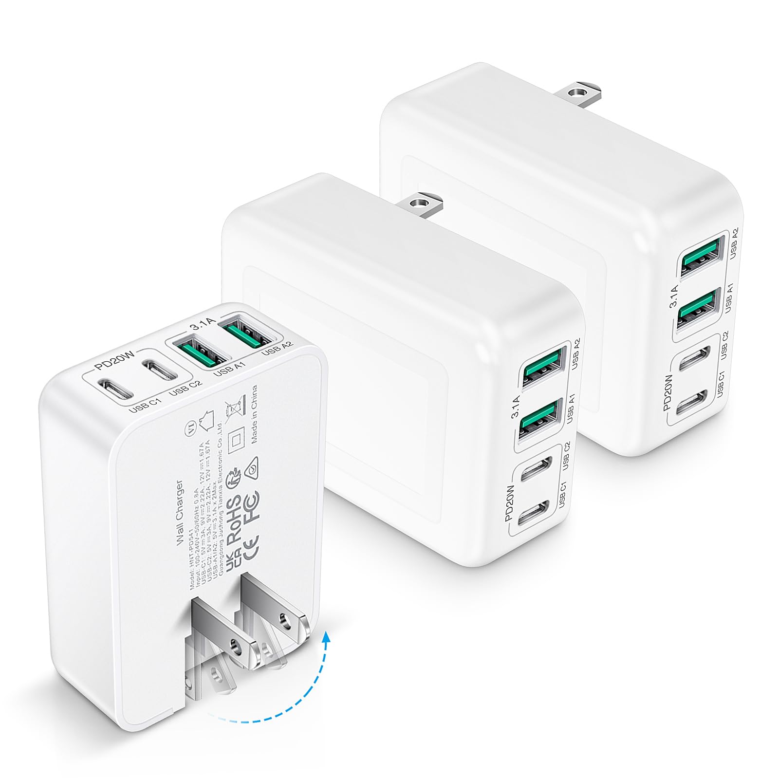 3-Pack USB C Charger Block, Flat USB C Charger, 40W 4-Port PD3.0 Slim Fast Charging Block with Foldable Plug Type C Power Adapter Brick for iPhone 15/14/11/12/13 Pro/Max, iPad, Samsung Galaxy