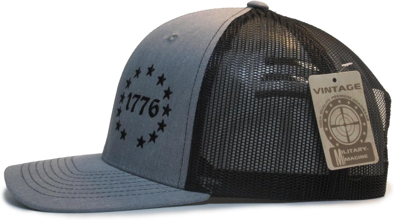1776 Betsy Ross 13 Colonies 2A Heather/Black hat Cap Trucker Mesh Snapback - Image 4