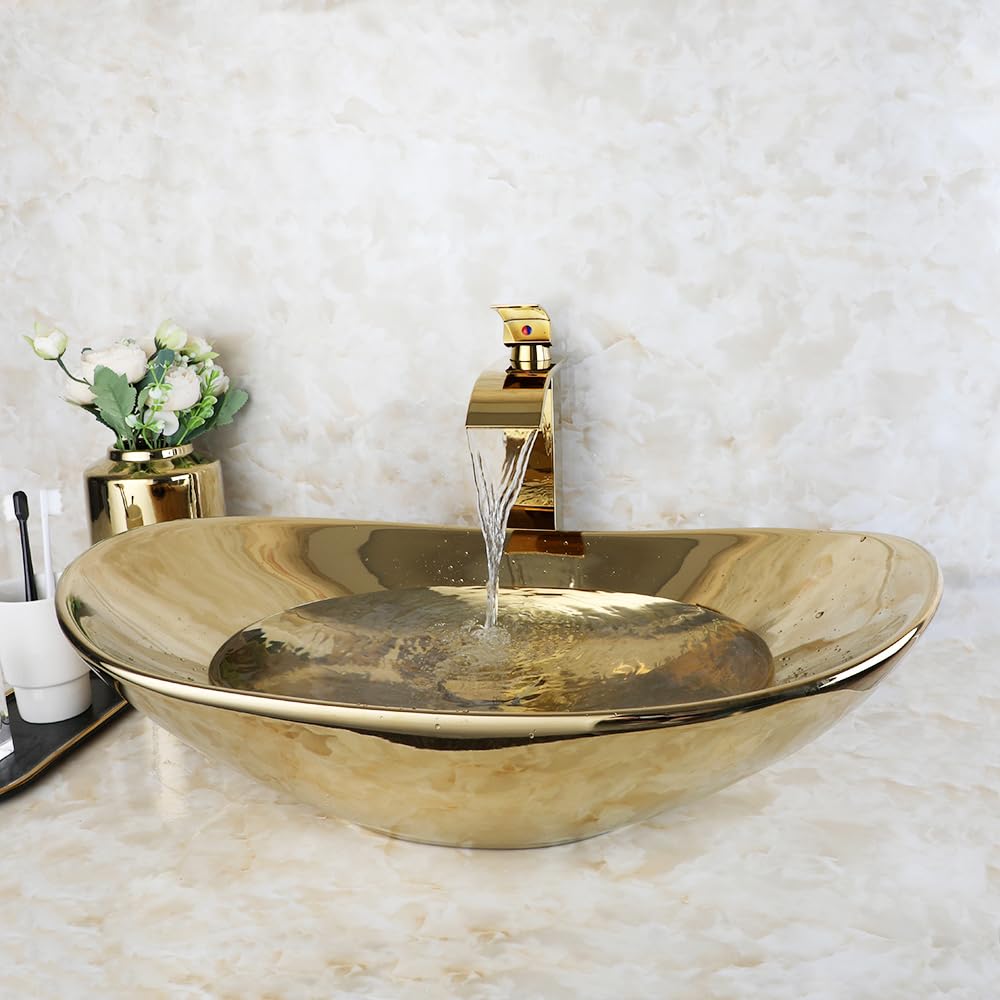 OUBONI Bathroom Vessel Sink,Gold Ceramic Vessel Sink with Waterfall Faucet and Pop-Up Drain,Oval Vessel Sink Combo Set Gold Bathroom Sink Above Counter Artistic Boat Shape Bowl Sink,ZhaoCai YuanBao