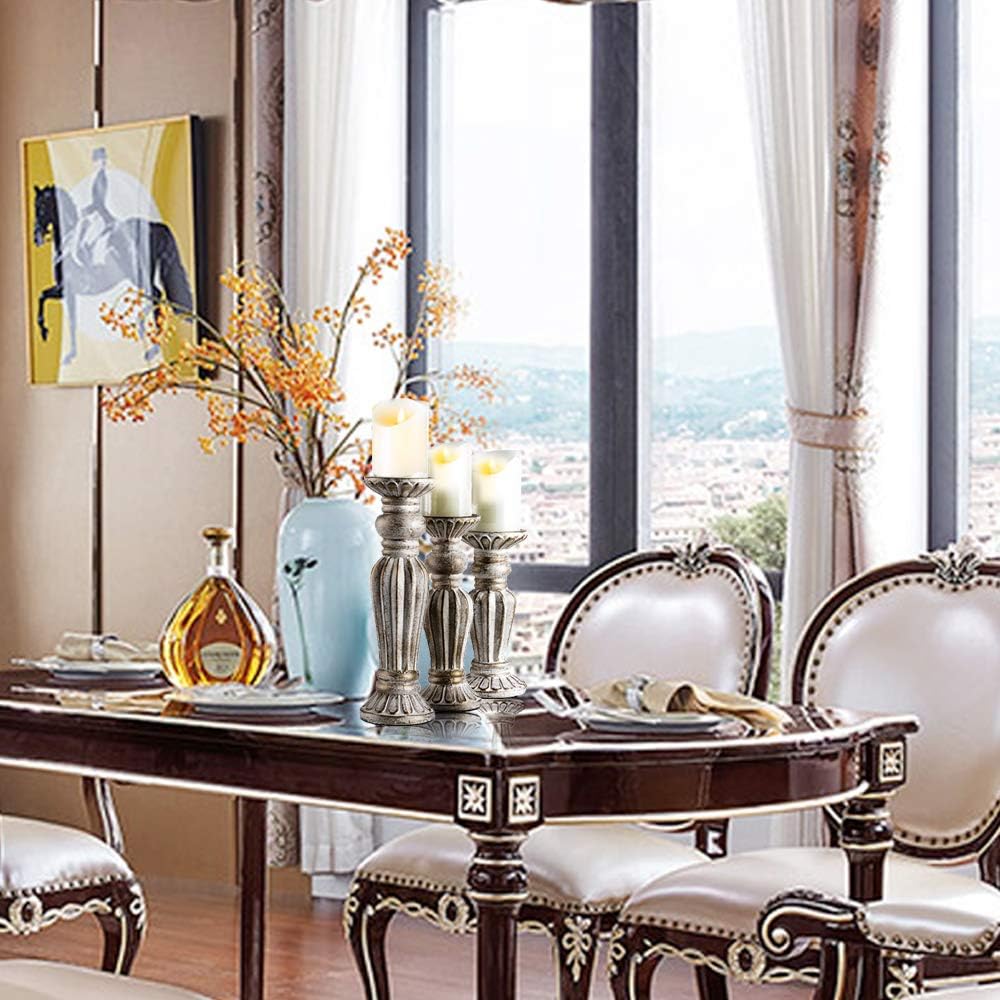 Gmart Antique Wash Finish Pillar Candle Holders Set of 3, Ideal for Living Room, Dinning Room, Kitchen, Wedding and Aniversary : Home & Kitchen