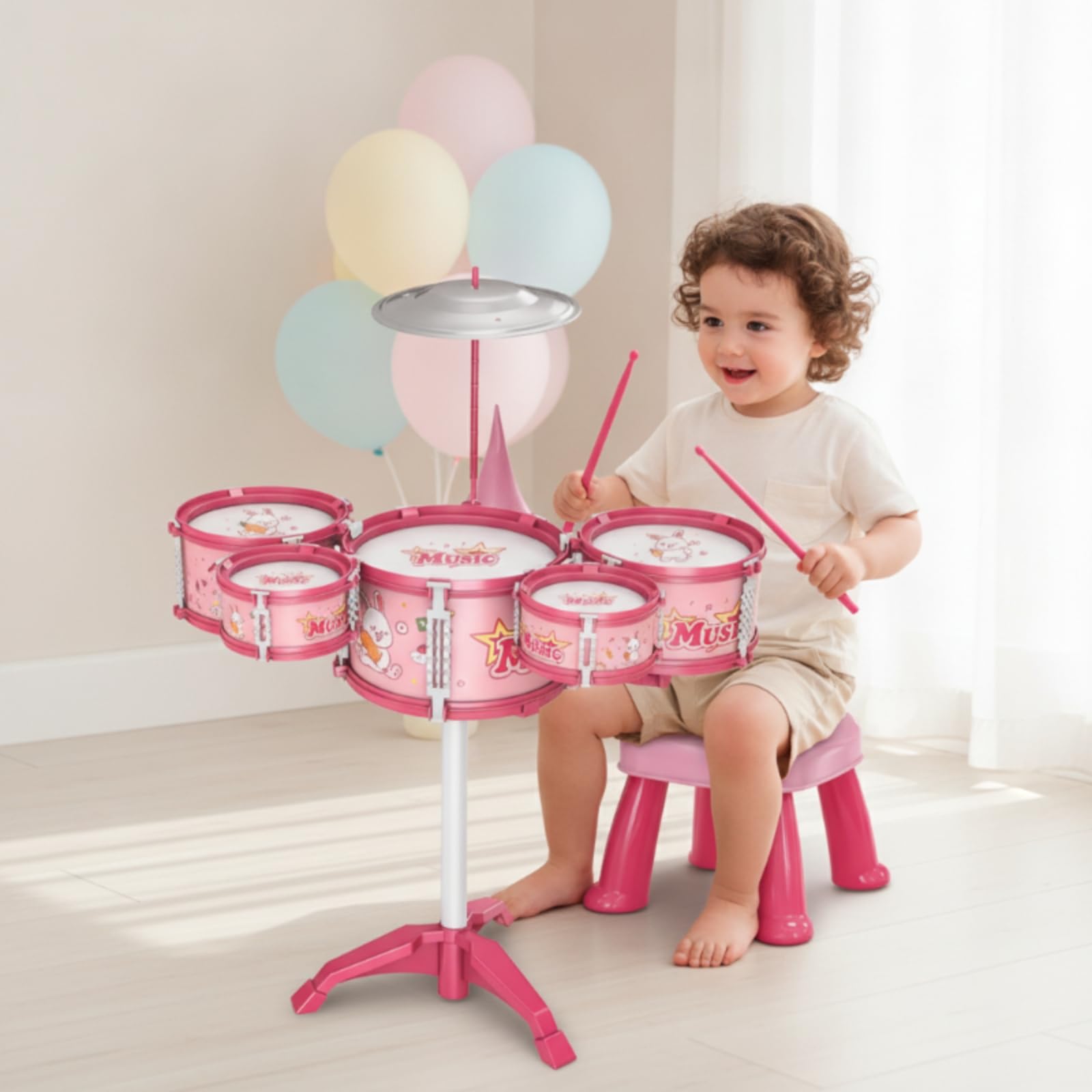 Harilla Batería Infantil de Juguete Set de Percusión Kit Musical Tambor para Niños Kit Completo con 5 Cuerpos y Platillo Sonido con Banqueta Adecuada para , Batería De Juguete con Diseño De Conejo