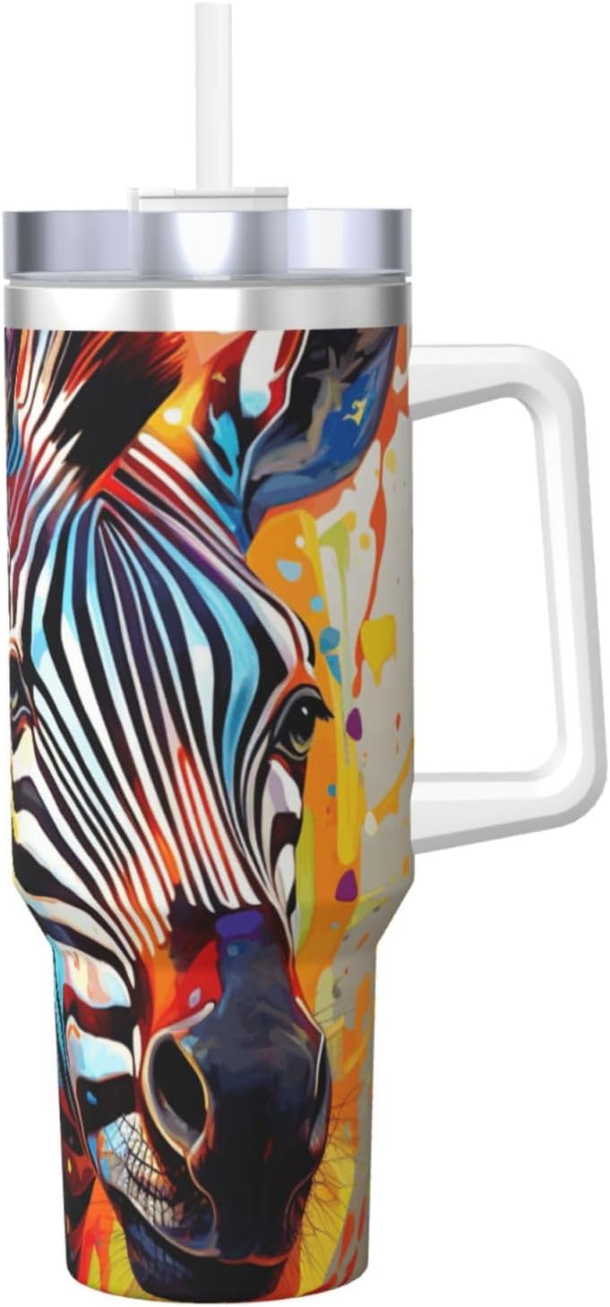 40 OZ Abstract Animal Zebra Print Ice Bully Cup with Handle Straw Lid Straw,Stainless Steel Tumbler Coffee Cup