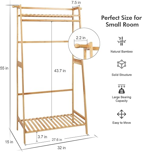 Miniatura 5 de Ufine - Armazón de bambú con estantes de almacenamiento y barra para colgar ropa