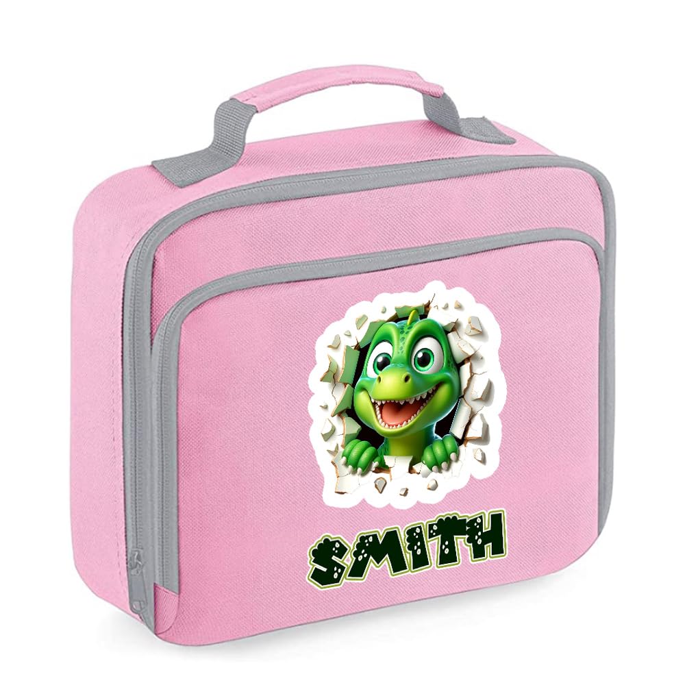 Getagift Personalised Dinosaur with Any Name, Ideal for Boys, Girls, and Children, Back to School Gift, Lunch Box Reusable Bag, Lunch Cooler Bag. (Classic Pink)