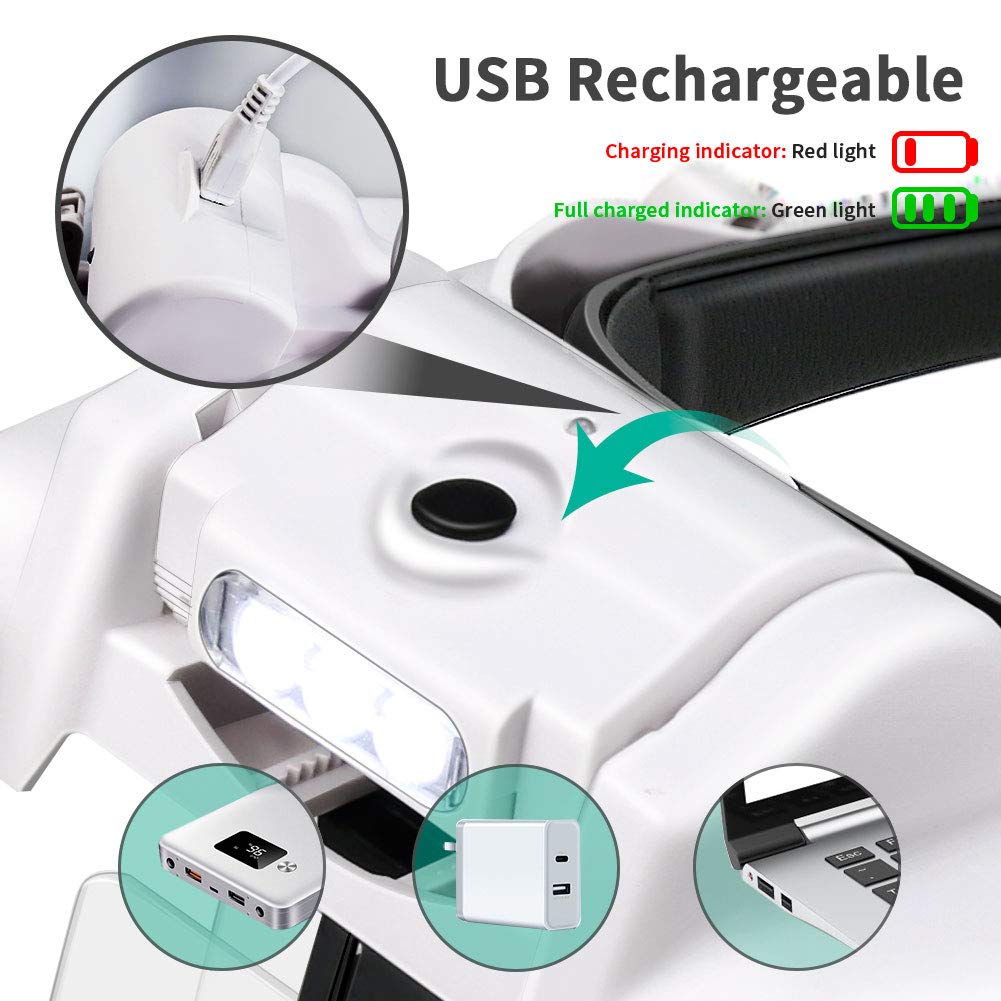 Powcan Loupe Frontale Grossissantes Lunettes Loupe Éclairante avec 3 Lumières LED - 5 Lentilles Détachables 1.0X à 3.5X - 8X Lentille Secondaire - Bandeau Réglable pour Réparations Couture Artisanat