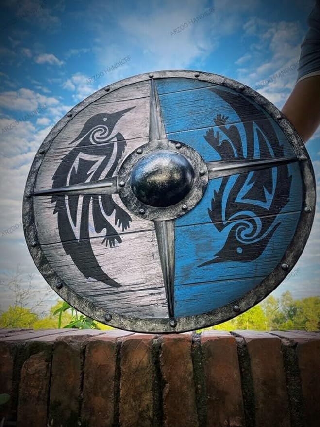 Handgemachter 24-Zoll-Hölzerner Eivor Valhalla Rabenschirm - Norwegischer Wikinger Wanddekoration Sturmschild - Wikinger Schwert und Schild, Mittelalterliche Kriegsspiele Zubehör