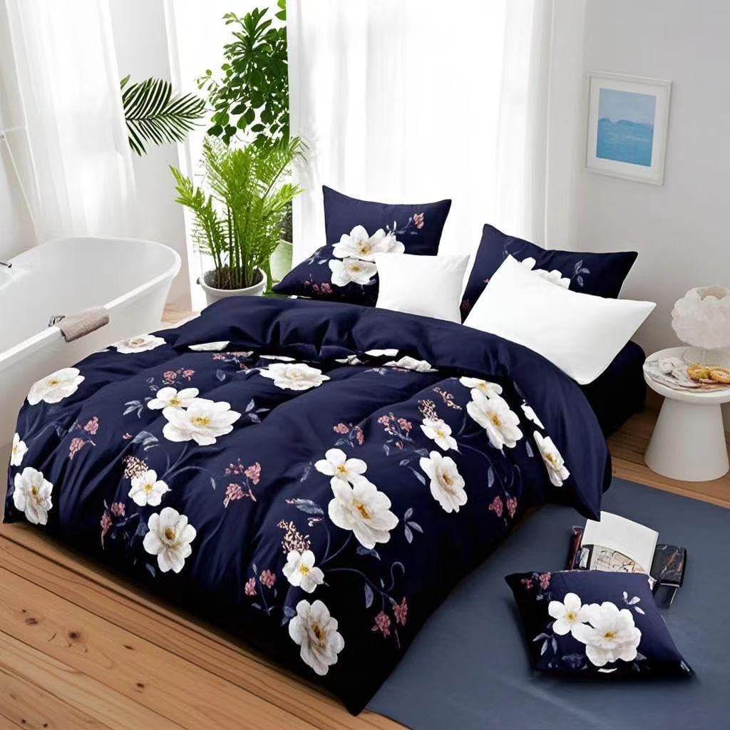 9 Pieces Bed in a Bag with Curtains,King Size,Navy Blue and White Flower,Coverlet Quilted Bed Throw,Bedcover,Machine Washable,Gift for Wedding and Fastival
