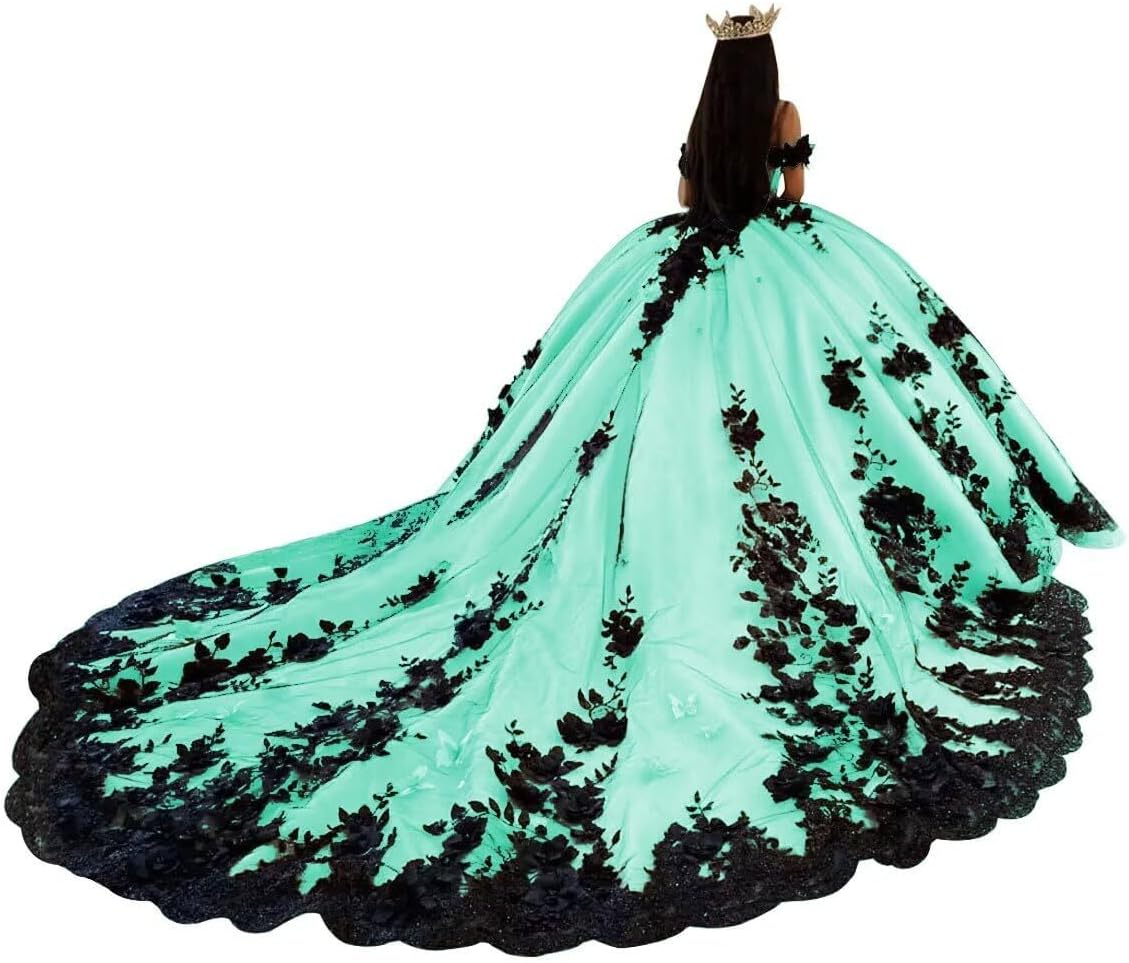 Tulle Quinceanera Dresses with Black Appliques Floral Beaded Sweet 16 Dresses Off Shoulder Party Gown AQ101