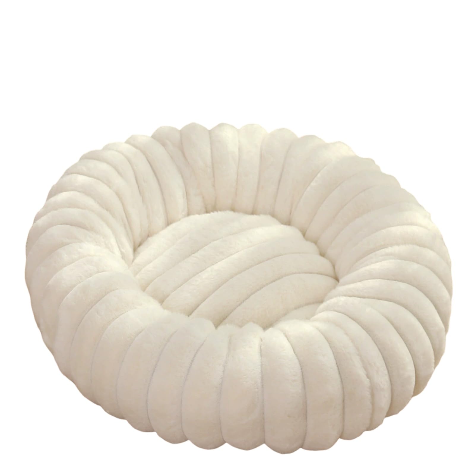 Mateju Plush Donut Pet Bed, Fluffy Pet Cushion Thick Warm Soft Plush Dog Cat Bed for Indoor Stripe Style Calming Puppy Kitten Petbed with Non Slip Bottom, for Small Medium (Cream White,50cm)