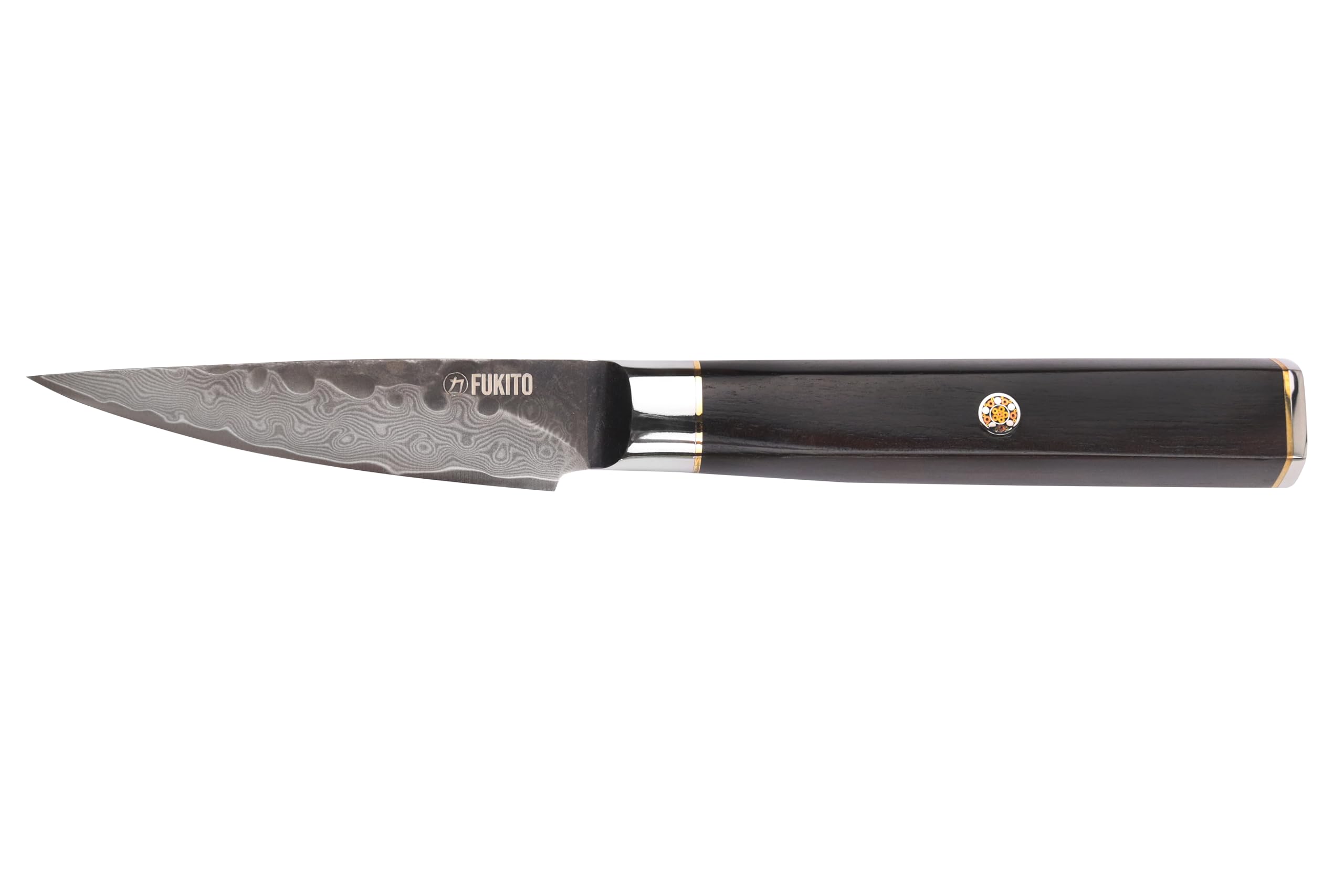 Fukito - Couteau office 9 cm - Lame Damas Acier VG10 - Manche ergonomique en bois d’ébène - Tranchant précis et polyvalent