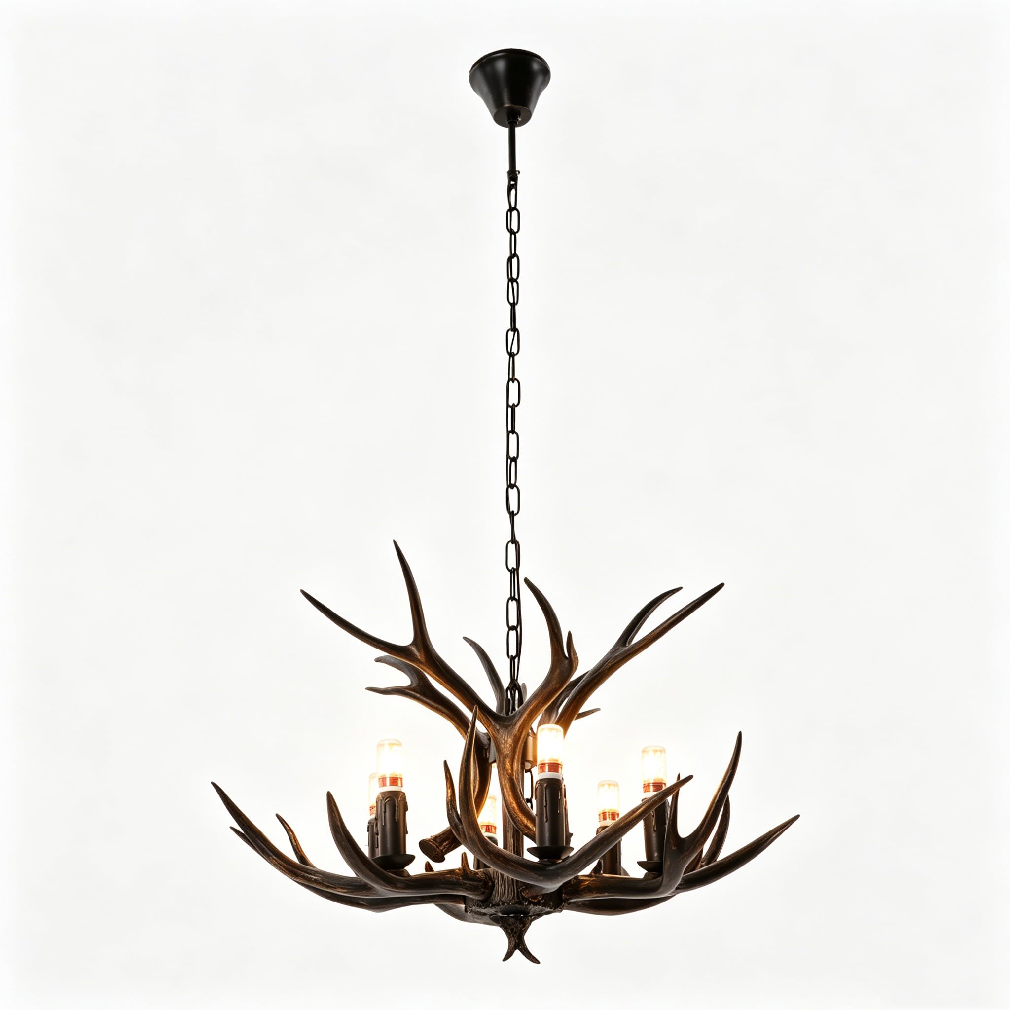 Geweih Kronleuchter E14 Schnittstelle Hirschgeweih Lampe 6 in 1 Kerze Type Geweihlampe Antik Hängeleucht 1M Einstellbare Ketten Retro Deckenlampe (ohne Glühbirne) (Schwarz, stück, 1.0, 1)