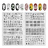 8PCS Halloween Nail Stamping Plates, Pumpkin Skull Bat Poker Image Stainless Steel Stencil, DIY Nail Art Template Tools