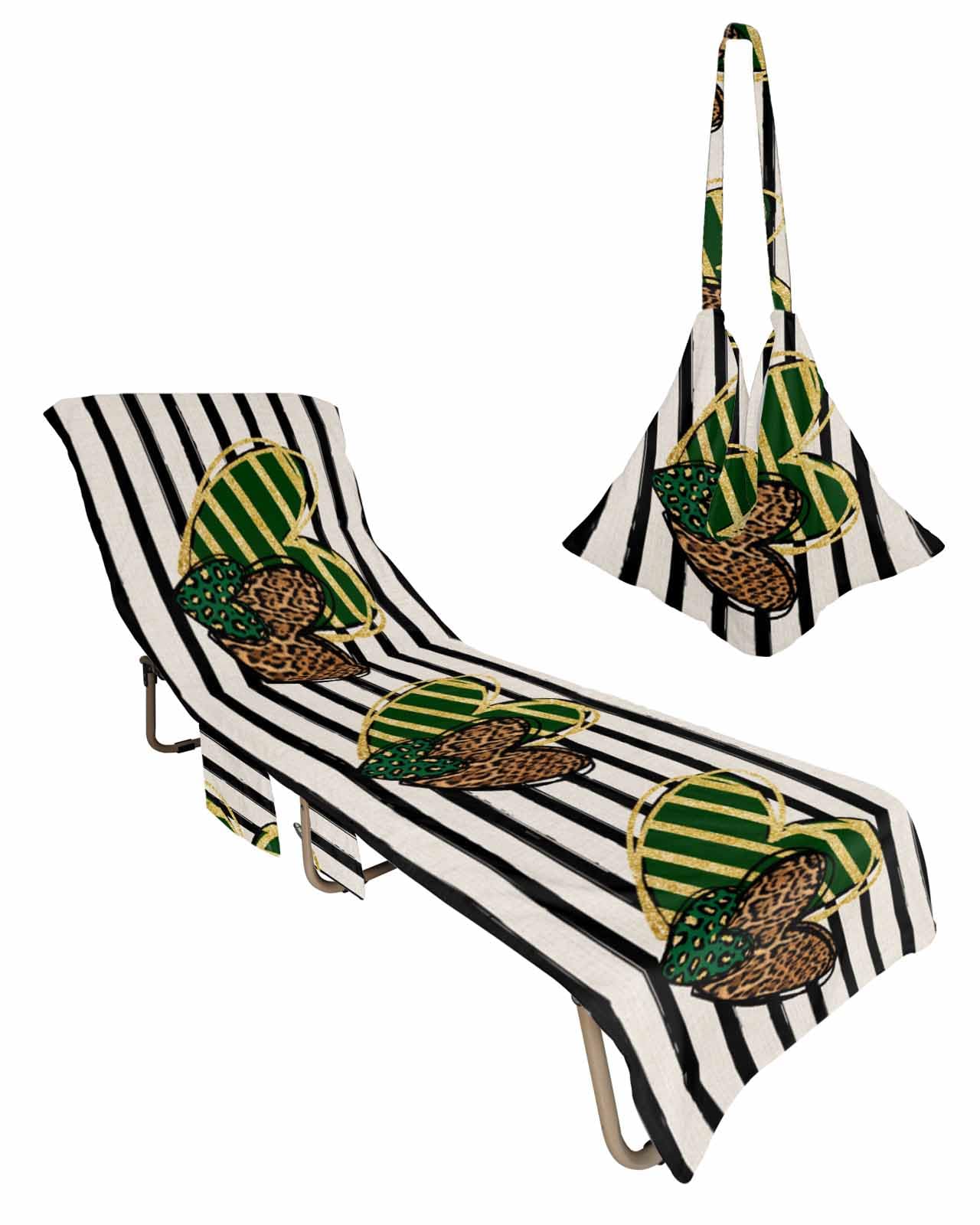 St. Patrick's Day Beach Lounge Chair Towel Cover, Soft Chaise Lounge Towel with Side Pockets Patio Pool Chairs Cover for Beach/Pool Sunbathing 29x85 Green Leopard Love Heart Black Striped
