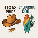 Texas Pride vs California Cool Sticker Cowboy Hat and Surfboard Icons Bold Centered Text Vinyl Decal for Car Window Laptop Bumper Wall Display