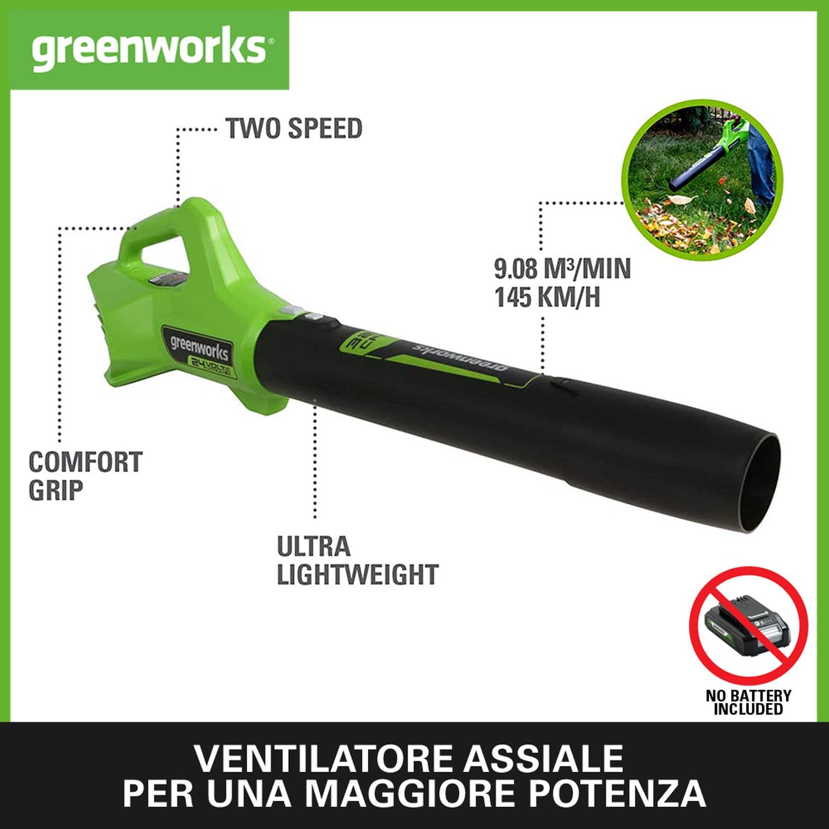 Greenworks G24ABII Soffiatore Foglie Assiale a Batteria, 145km/h, 9,08m³/min, SENZA Batteria 24V e Caricabatterie, Garanzia 3 Anni