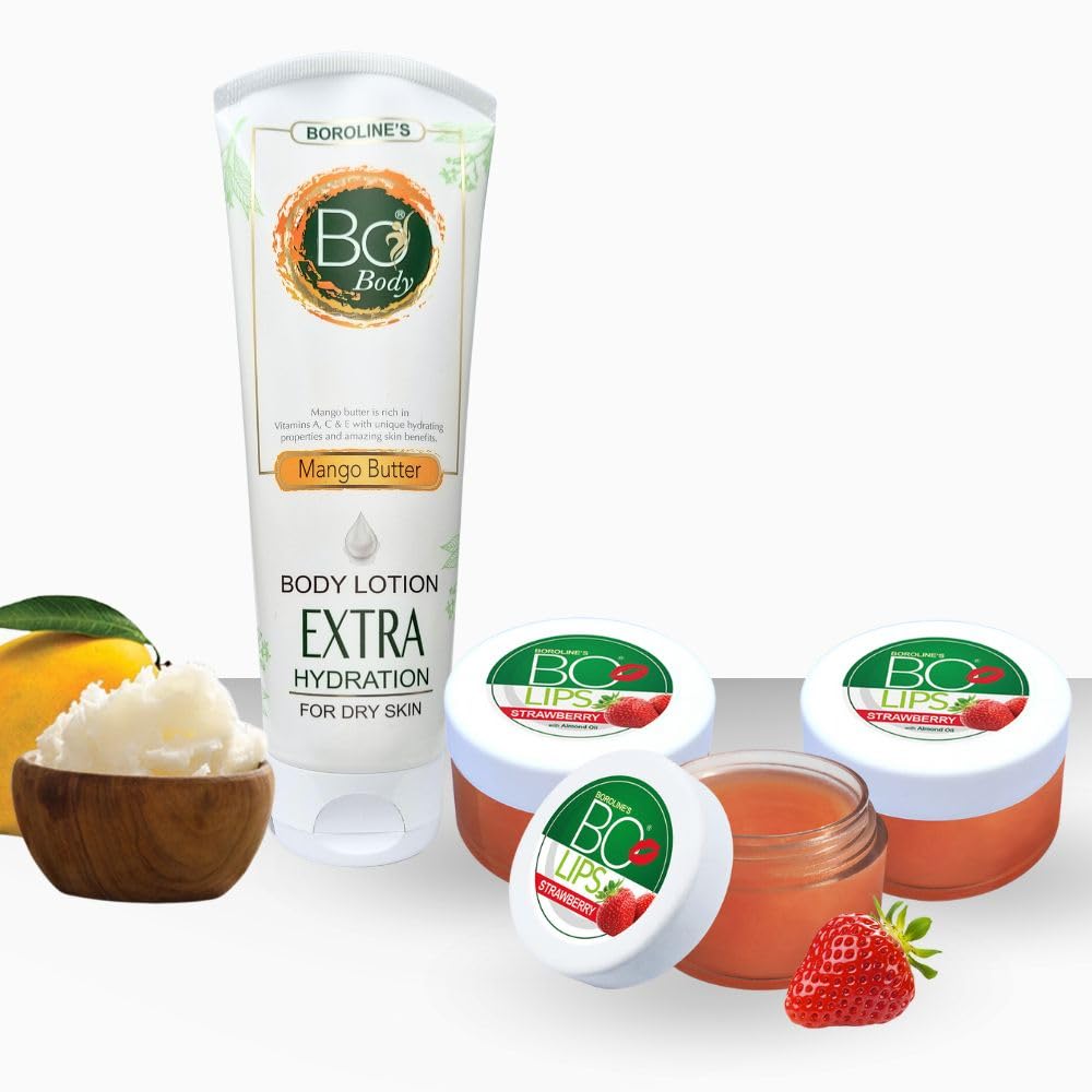 BOROLINE Bo Body Lotion 100 ml With Deep Moisturizer Mango Butter For Dry Skin + Bo Lips Strawberry 10 gm X 3 (Pack of 4)