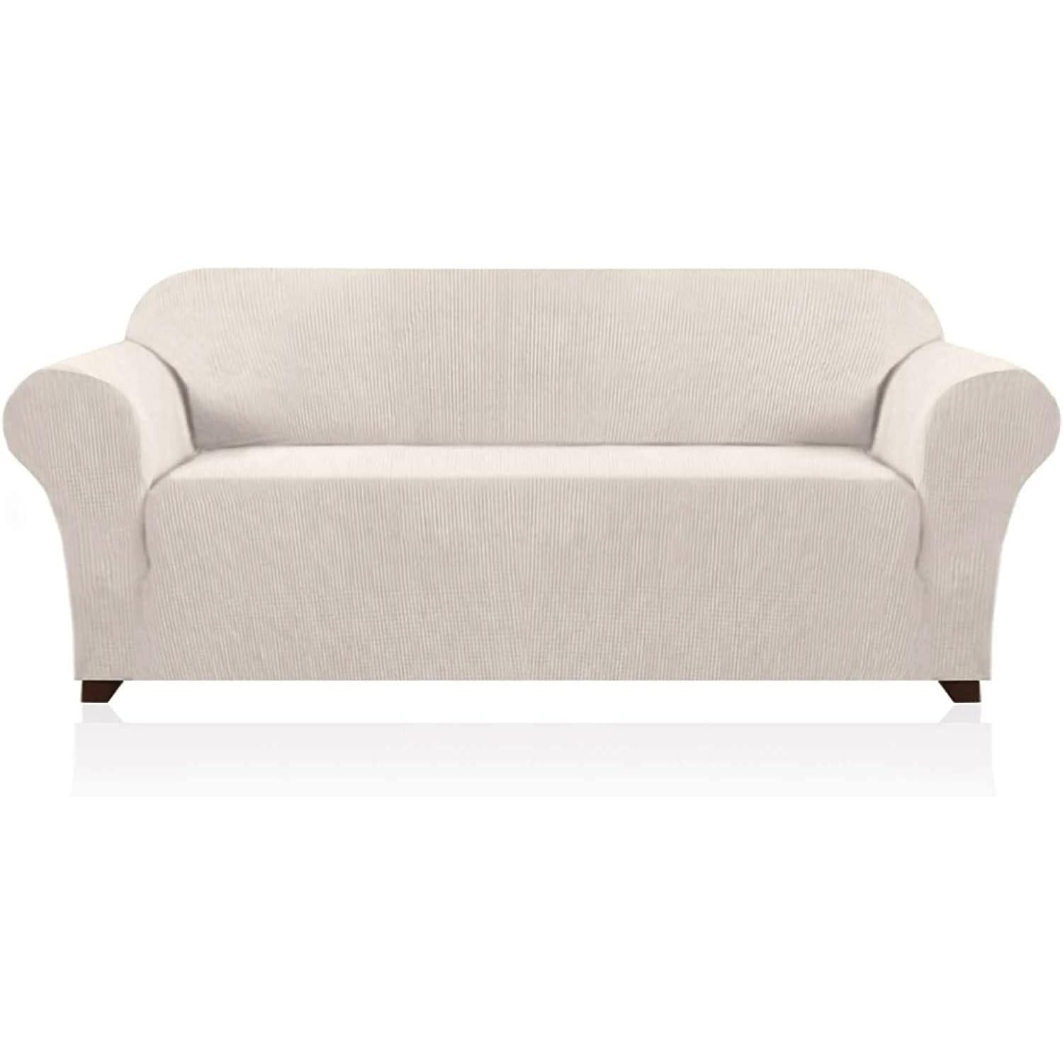 PrinceDeco Stretch Sofa Cover Slipcover Couch Covers for 3 Cushion Couch Furniture Protector Sofa Covers with Non Slip Elastic Bottom Dogs Pet Friendly Fitted(Large Sofa 90"-100",Ivory)