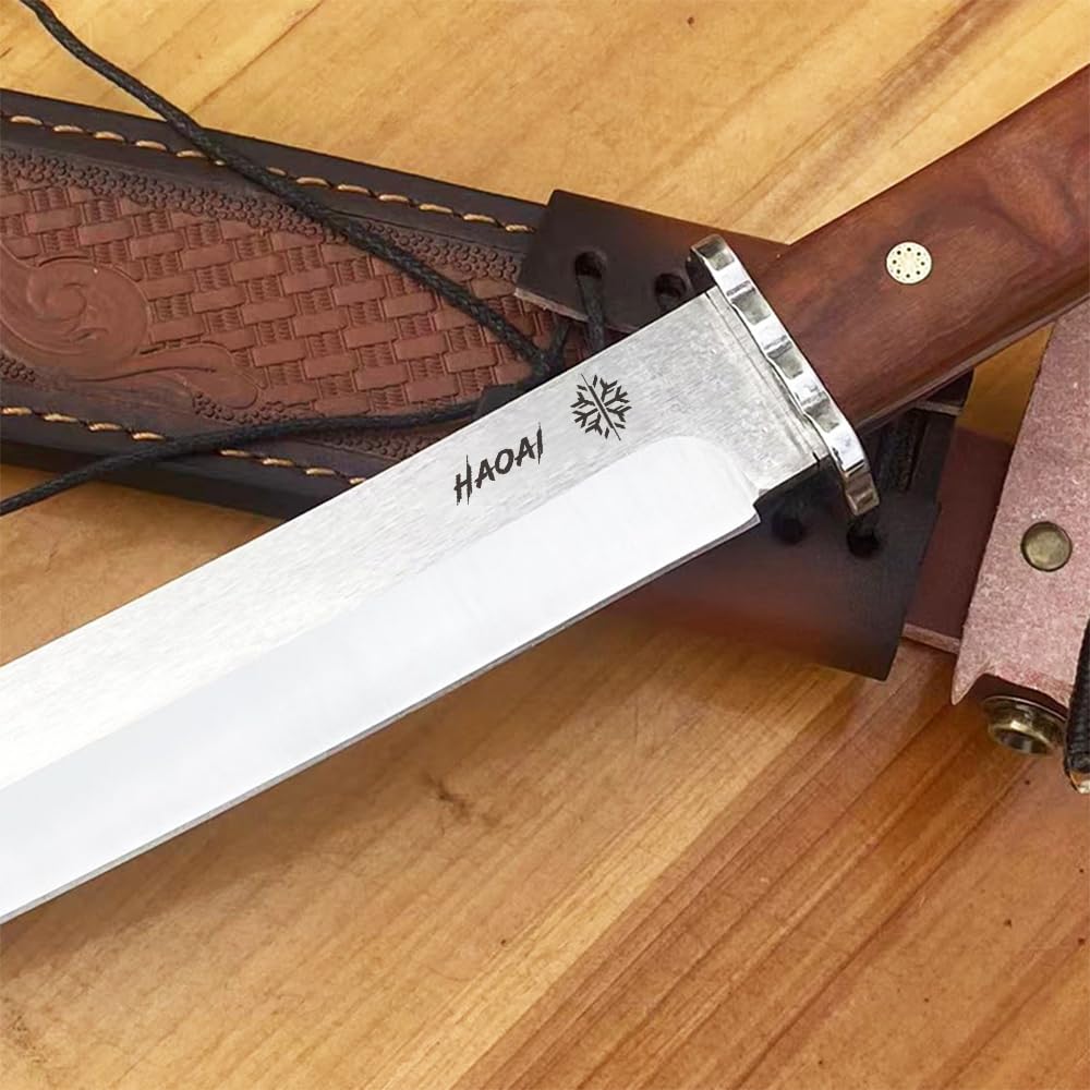 Cuchillos de hoja fija Caza está hecho de acero M390 tanto Mango De Madera, Con Funda De Cuero, Camping De Supervivencia Para Outdoor Supervivencia y Camping (V)